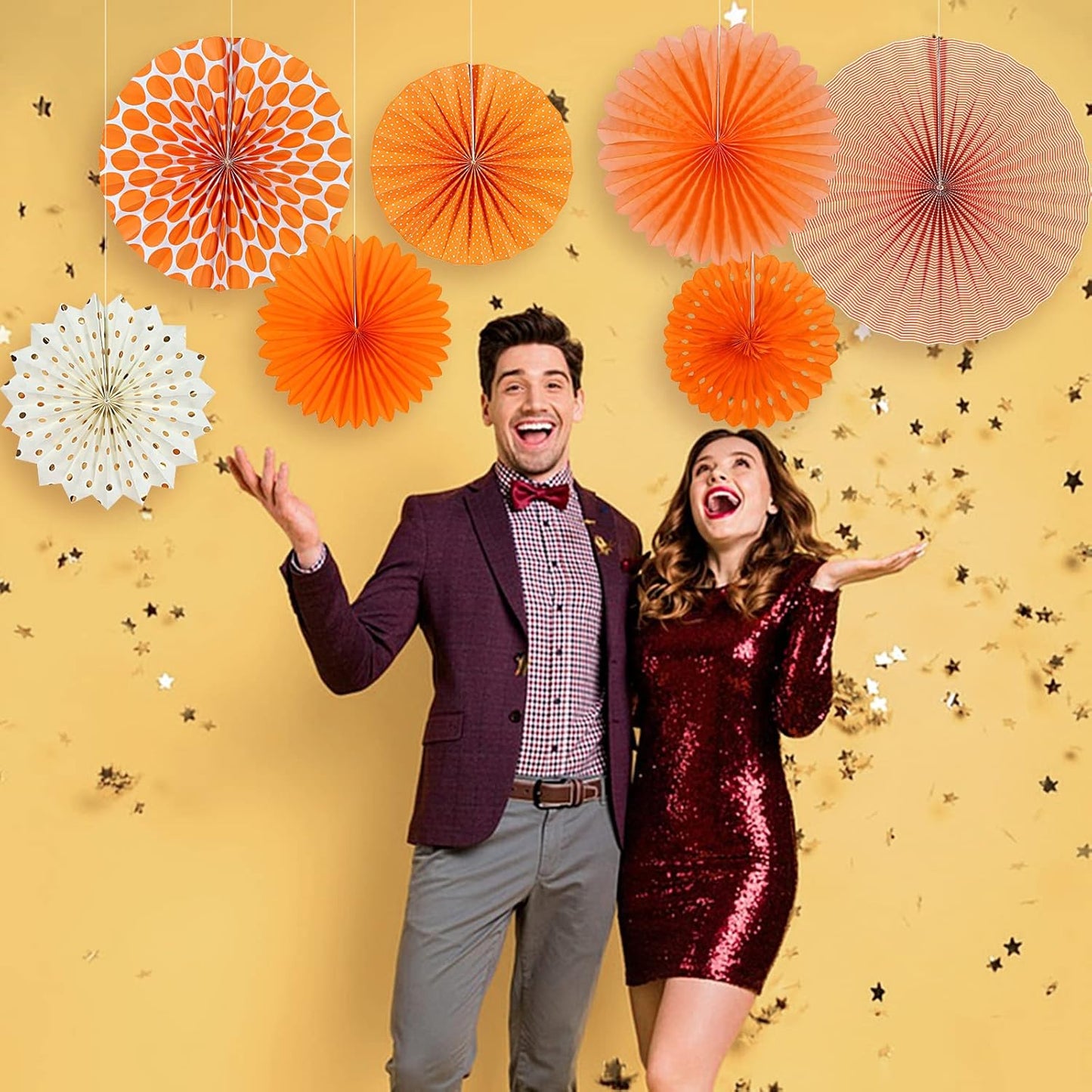 Easy Joy Paper Fans Party Decorations Orange Hanging Paper Fans Sunshine Party Decorations Birthday Wedding Home Classroom Party Hanging Decoration, Set of 7