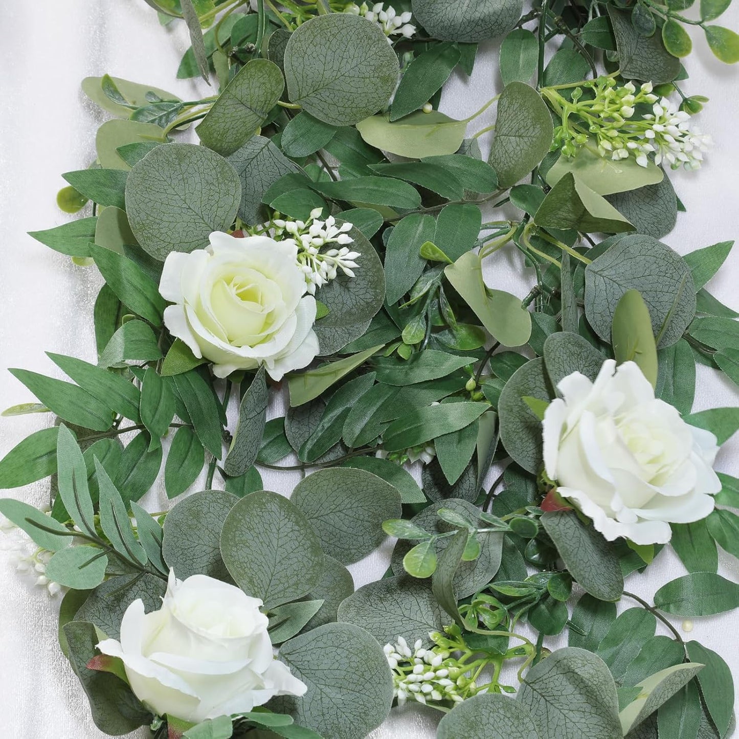 2 Pack 13Ft Artificial Eucalyptus Flower Garland with White Roses, Fake Rose Flower Greenery Garland Floral Vines for Wedding Home Party Table Runner Decor (White)