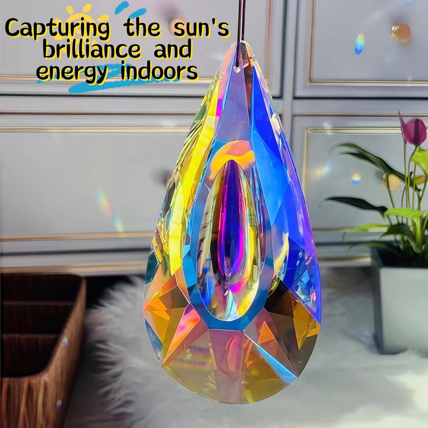 2 Pack Hanging Droplet Shape Chandelier Crystal Prisms(4.6‘’*2.1‘’) - Suncatcher Pendants for Windows, Chandelier Parts, Rainbow Maker - Create Colorful Light Reflections for Home, Garden, Christmas