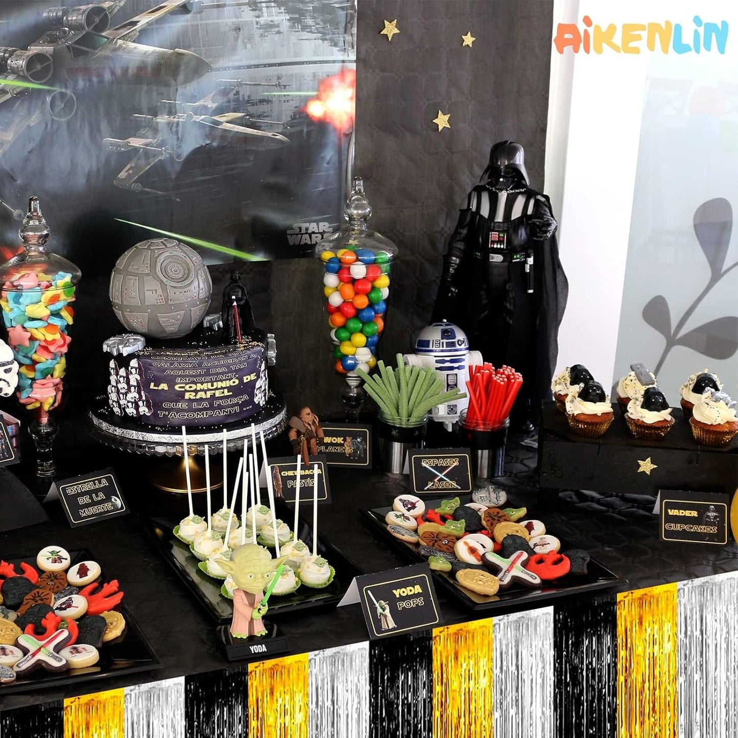 6 Pack 29x108 Inch Metallic Foil Fringe Tinsel Table Skirts Banner for Rectangle Tables Streamer Garland for Birthday, Parade Floats, Valentine's Day Party Decoration(Black Gold Silver)