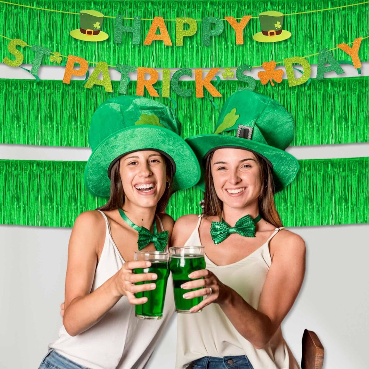 4 Pack 10 Ft Green Foil Fringe Garland Metallic Streamers Tinsel Banner Wall Hanging Garland Backdrop for Parade Floats, Halloween, Christmas, Thanksgiving, New Year Party Decorations