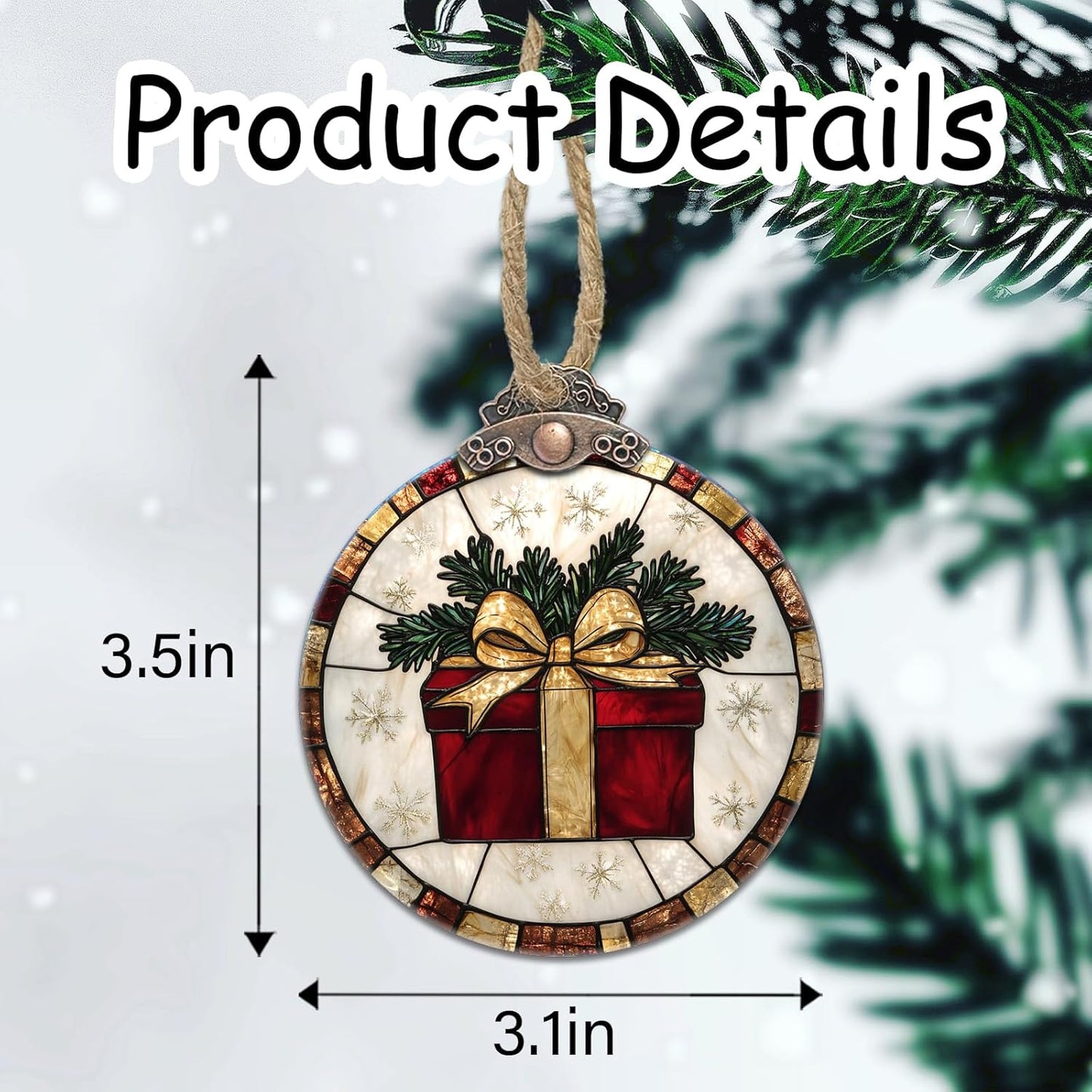 Stained Glass Christmas Decorations, Red Gift with Gold Ribbon Suncatcher for Window Christmas Tree Hanging Ornaments Retro White Sun Catcher Xmas Decor Gifts for Women Men Mom Nana Friend