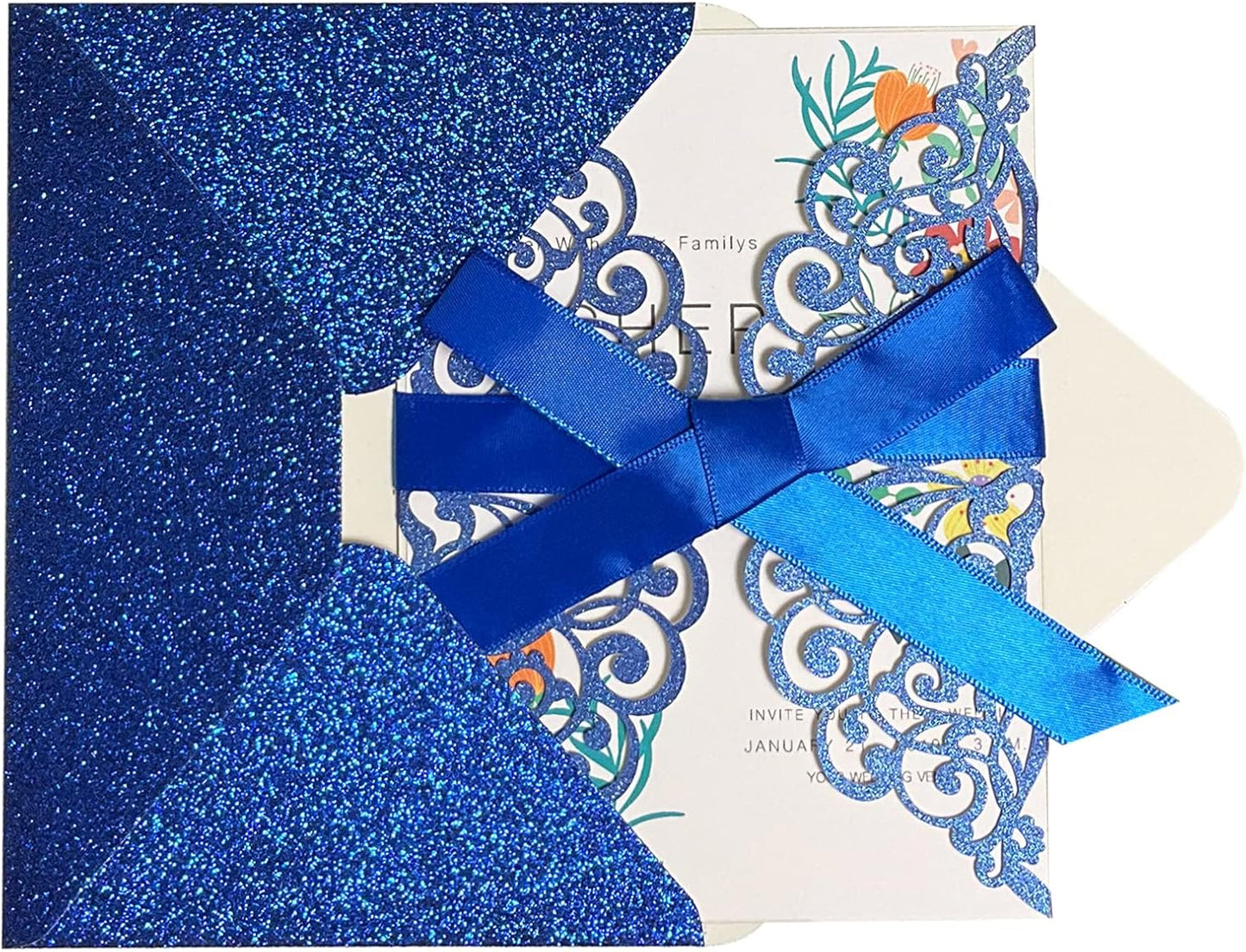 50Pcs Laser Cut Blue Wedding Invitation With Glitter Envelopes And Ribbons Blank Personalized Card Invitaciones Para quinceañera Birthday Baby Shower Christmas Party Bridal Shower