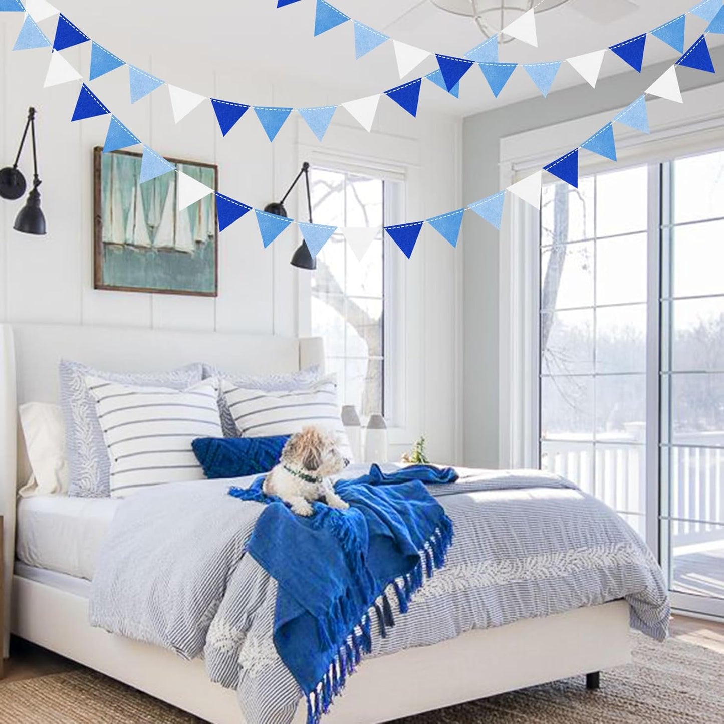 Blue Party Decorations Felt Hanging Triangle Mini Bunting Pennant Banner Flag for Birthday Wedding Baby Shower Bridal Shower Engagement Under The Sea Nautical Ahoy Achor Party Classroom Nursery Decor