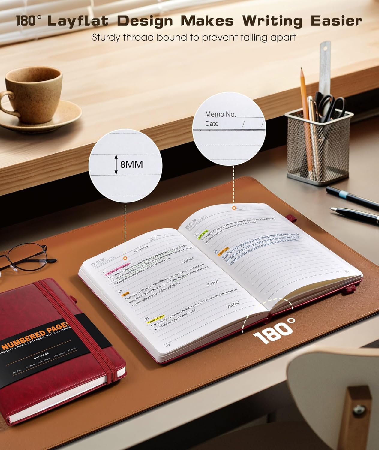 Lined Journal Notebook for Women Men, 256 Numbered Pages Hardcover Leather Journals for Writing, A5 Journaling Notebooks, College Ruled Journal for Business Work School 5.75" x 8.38" Wine Red