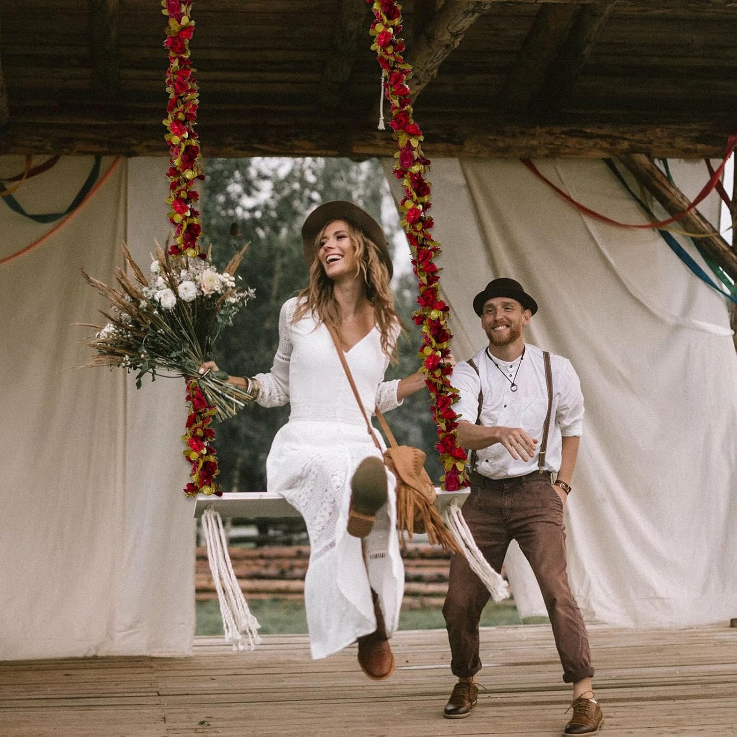 16Pcs 126Ft Burgundy Rose Garland, Fake Rose Hanging Flowers, Artificial Flower Vine, Hanging Floral Vine Garland for Wedding, Birthday Party, Wall Arch, Halloween, Christmas Garden Backdrop Decor