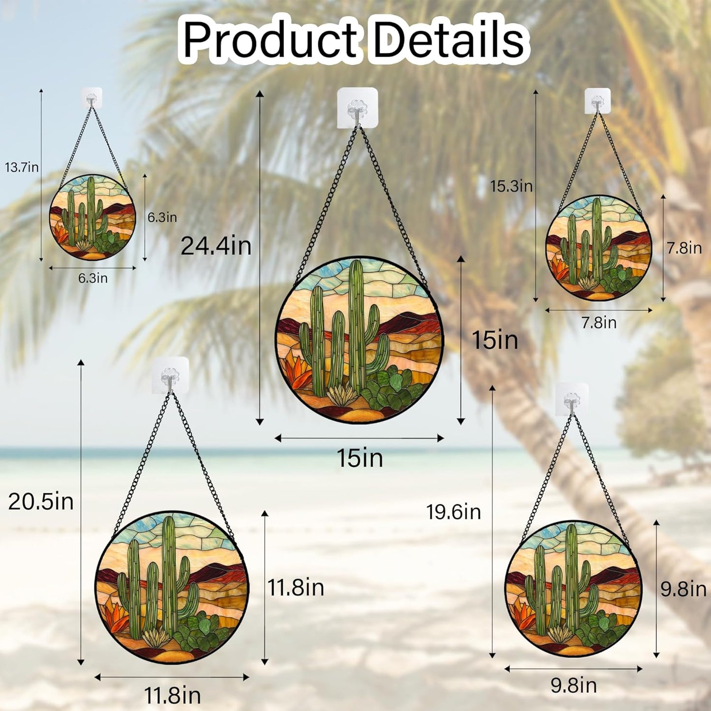 Stained Glass Window Hanging, Green Cactus Sun Catcher for Door Terrace Garden Home Decor, Abstract Desert Landscape Suncatcher Birthday Gifts for Lovers Women Men Dad Mom Nana 15 in