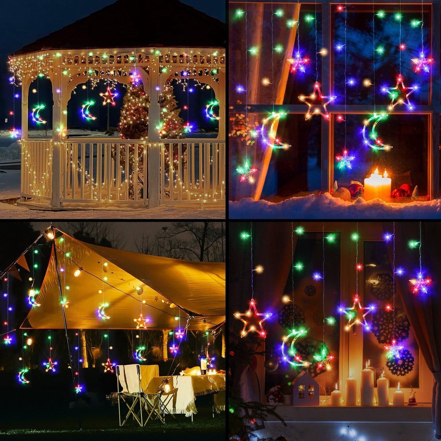 PUHONG Christmas String Lights, 138 LEDs Curtain Lights with 8 Light Modes, 11.48FT Star Moon Indoor Outdoor Fairy String for Window, Bedroom, Wall, Home, Ramadan, Christmas Decoration - Multicolored