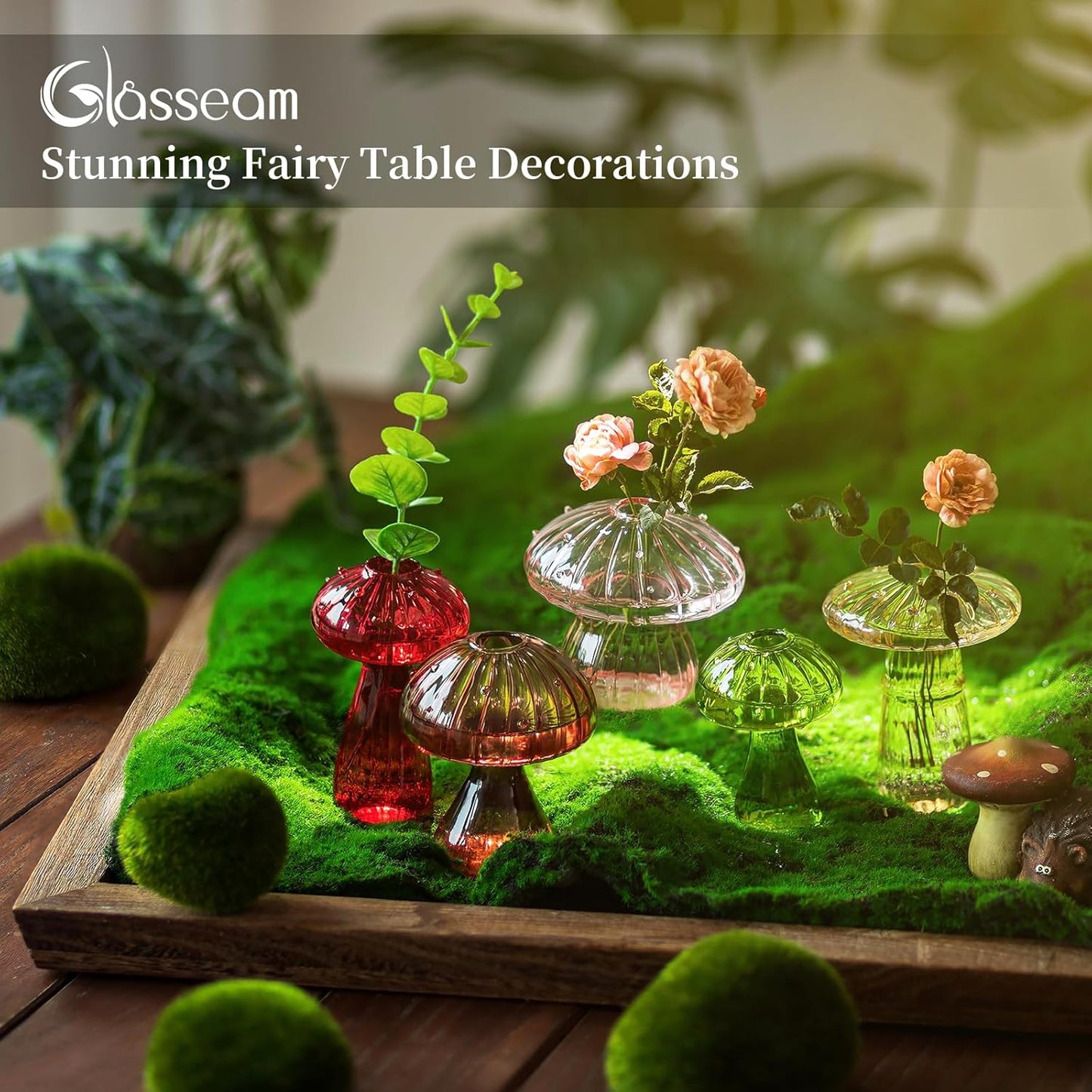 Glasseam Mushroom Glass Planter, Set of 5 Colored Plant Propagation Station, Mini Terrarium for Plants, Unique Small Glass Vase for Flowers, Cute Hydroponic Indoor Planters Gifts for Women Room Decor