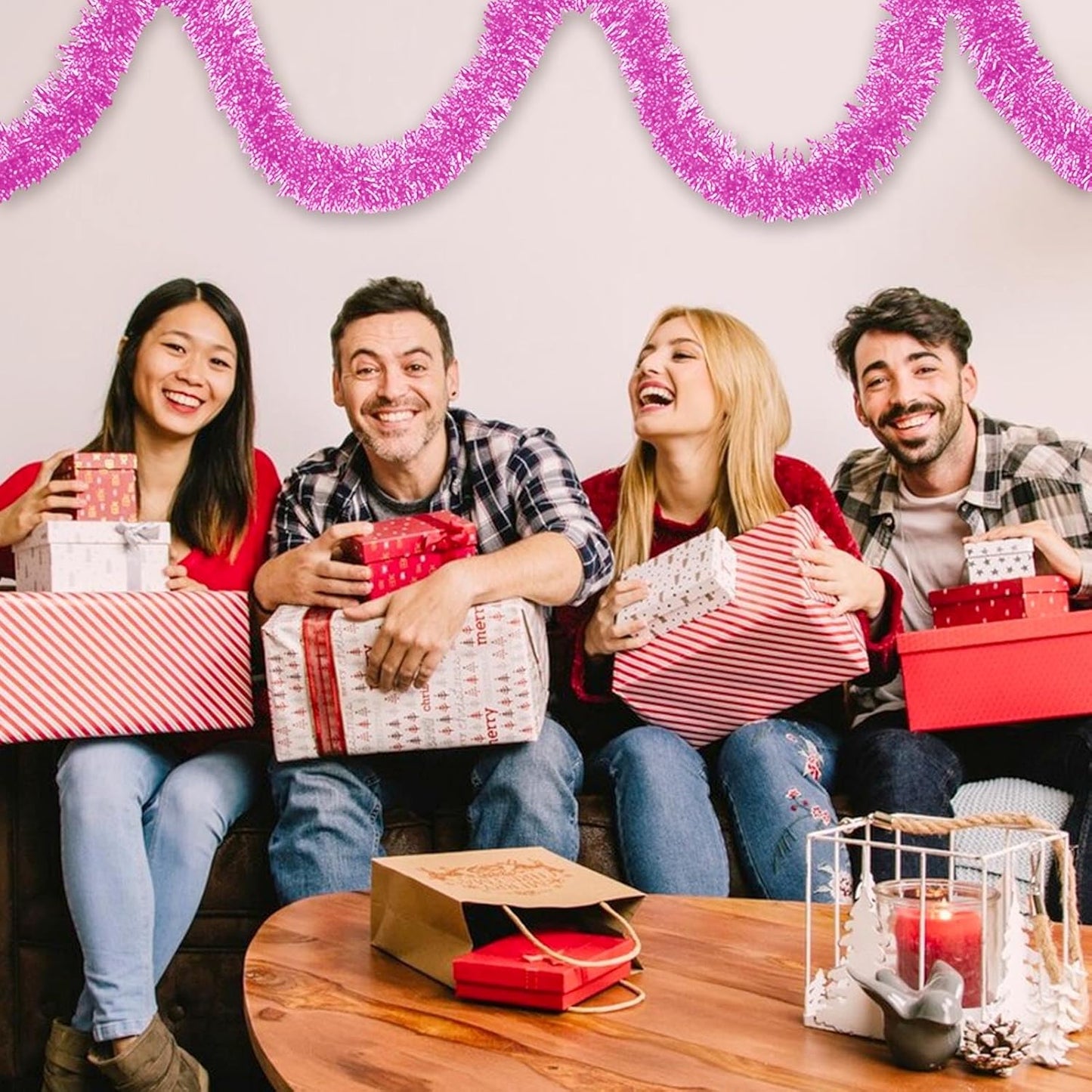 50 Feet Christmas Foil Fringe Banner Metallic Tassle Garland Metallic Backdrop Parade Floats Shiny Hanging Ceiling, Valentine's, Wedding, New Year Party Decorations(2" x 50', Macaron Pink)