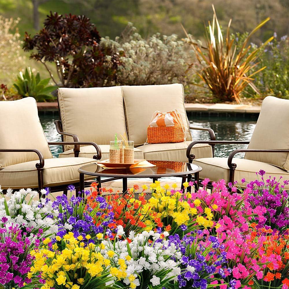 10 Bundles Artificial Flowers Outdoor UV Resistant Fake Plants Indoor Outside Hanging Planter Home Garden Decor (Purple)