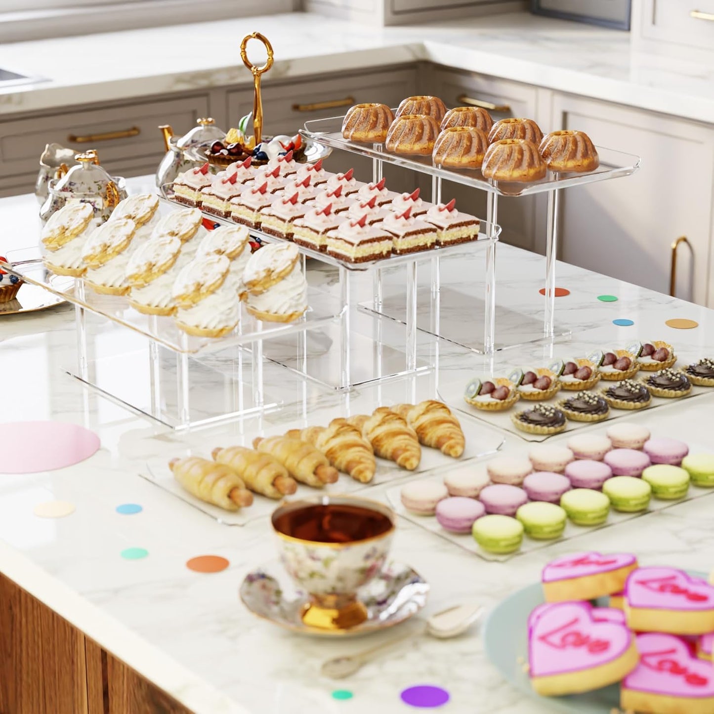6 Pack Dessert Table Display Set, Clear Acrylic Dessert Display Stands with 3 Pack Dessert Tray Platters Buffet Risers for Pastry Food Fruit Candy Treat for Wedding Birthday Party