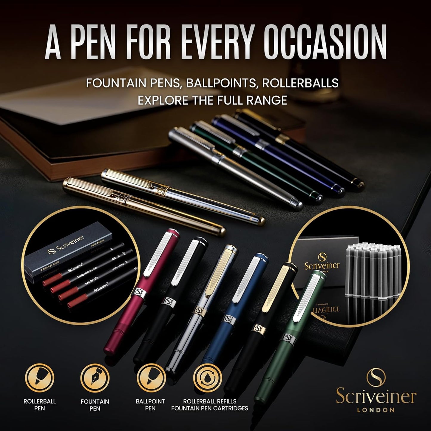 Scriveiner Deep Crimson Red Fountain Pen - Stunning Luxury Pen with Chrome Finish, Schmidt Nib (Medium), Best Pen Gift Set for Men & Women, Professional, Executive, Office, Nice Pens