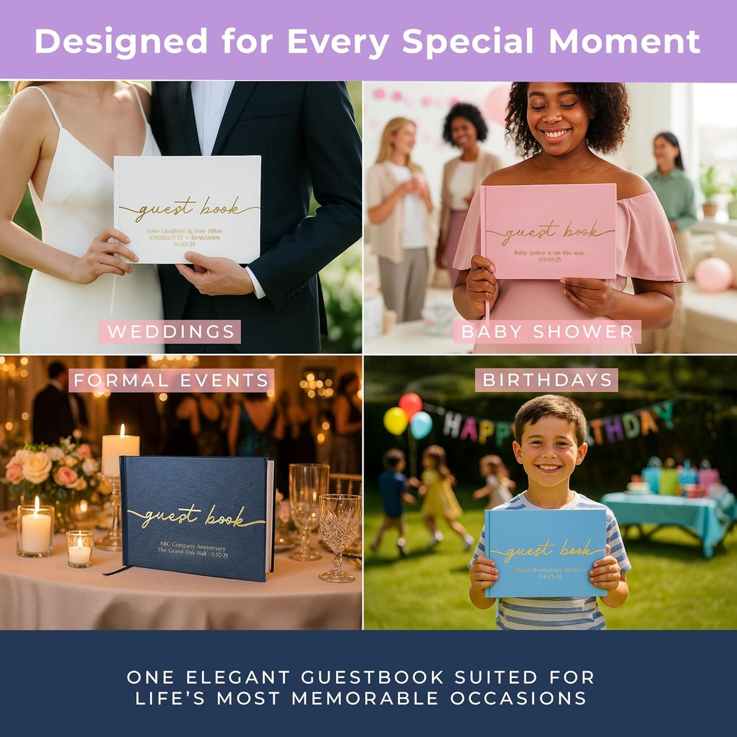 Promot Personalized Guestbook for Party (White) - 110 Lined Pages in Wood-Free Vegan Leather Hard Cover - Wedding Guest Book Sign in and Photos, Baby Shower, Birthday or Graduation