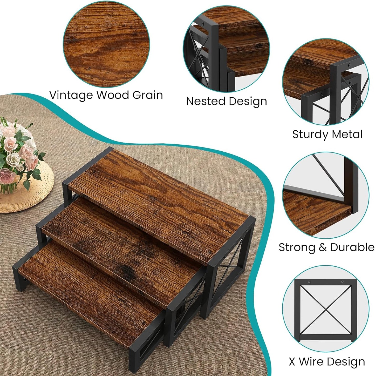 ELITEROO 3 Tier Cupcake Stand & Wood Display Risers, Dessert Stands for Cup Cake or Food, Riser Display Stand for Perfume Collectibles, Tiered Shelf Organizer for Market Retail Vendors, Rustic Brown