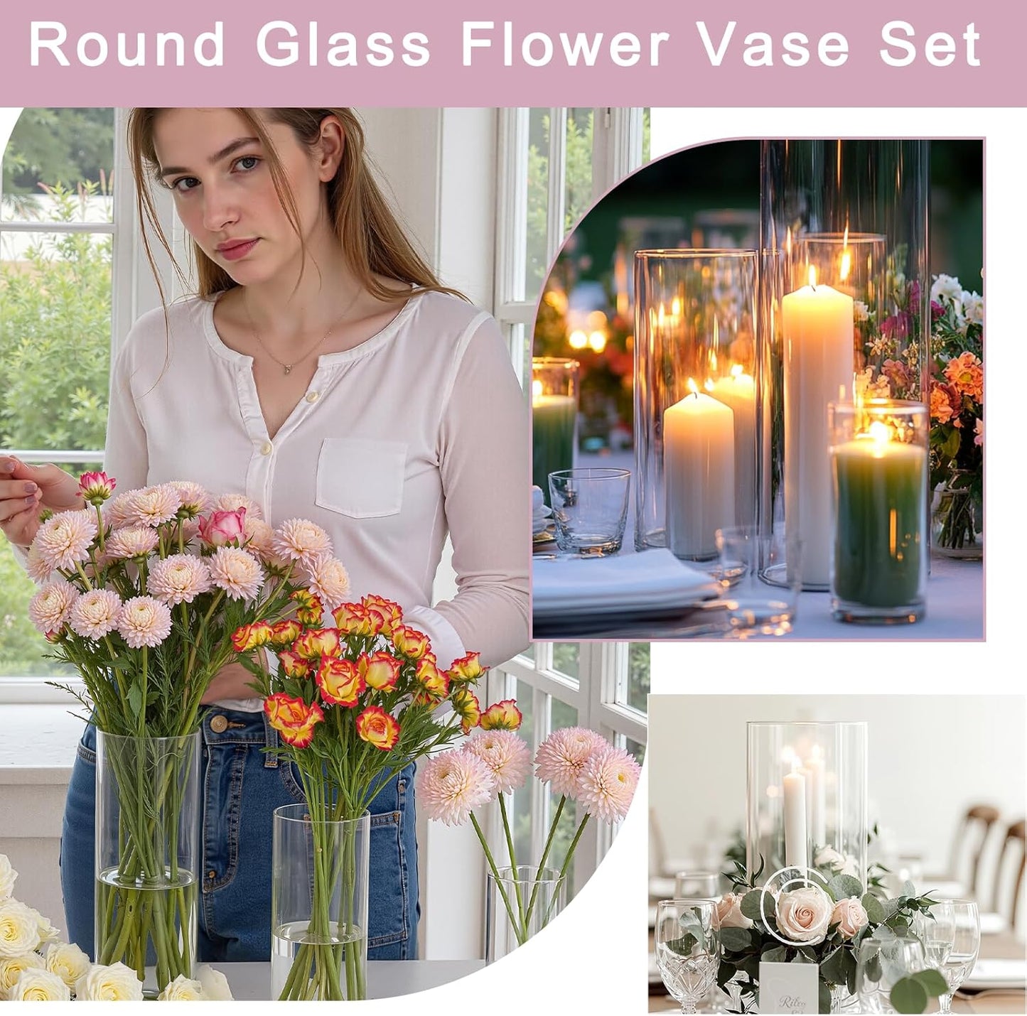 48 Pcs Glass Cylinder Vases Set (4/6/8/10 Inch) – Modern Flower Vases for Centerpieces, Bud Vase Arrangements & Floating Candles – Wedding/Christmas/Home Decor Essentials