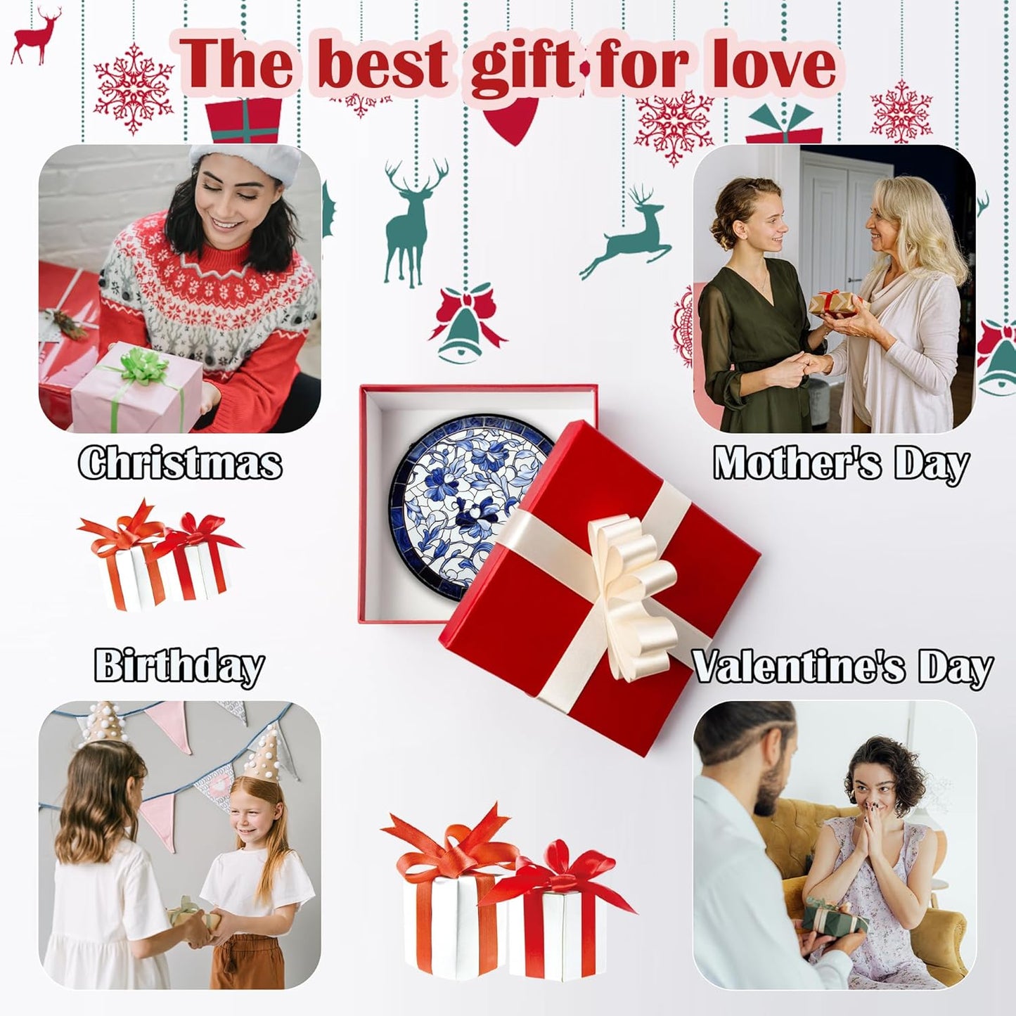 Stained Glass Window Hanging, Blue and White Abstract Flowers Sun Catcher for Door Home Decor Suncatcher Christmas Mother's Day Birthday Gifts for Women Men Mom and Nana 9.8 in