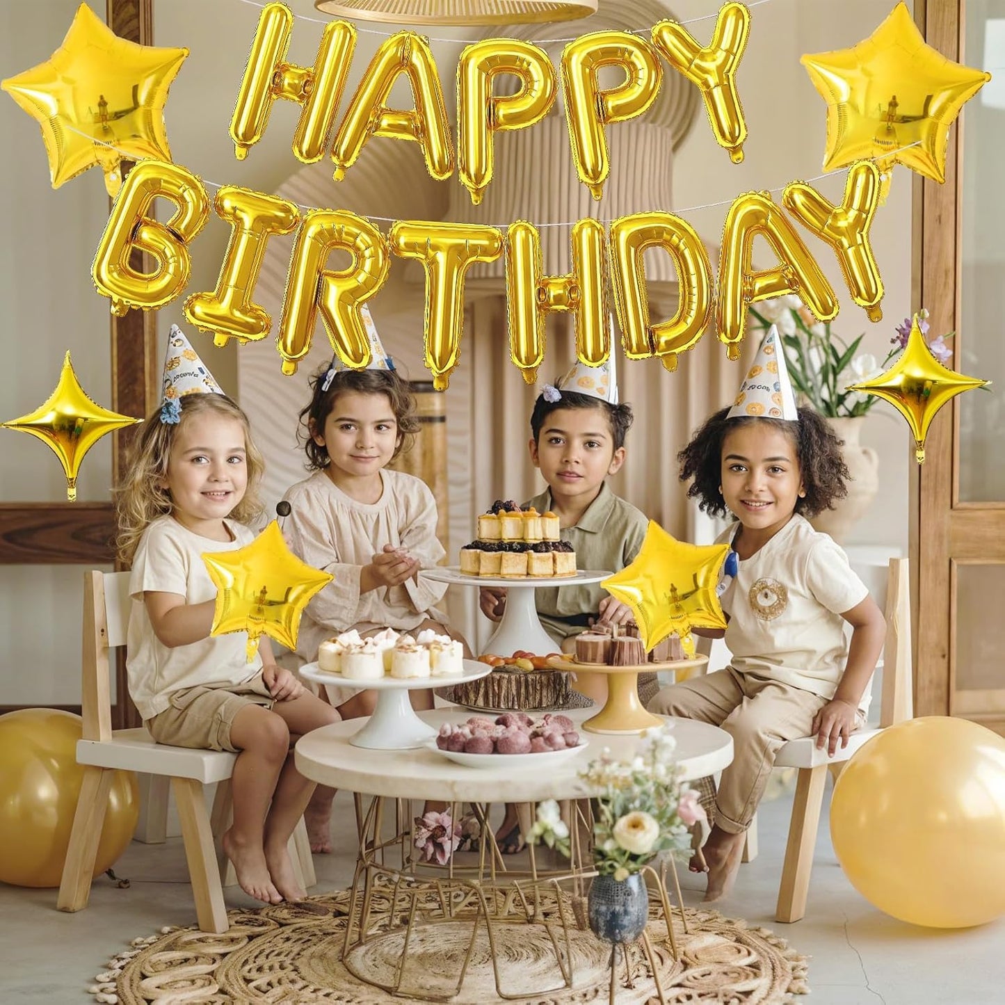 Gold Happy Birthday Balloon Banner, 16 Inch Mylar Foil Letter Balloons, Reusable Birthday Decorations with Gold Star Foil Balloons, Inflatable Party Supplies for Men Women Boys Girls Decorations