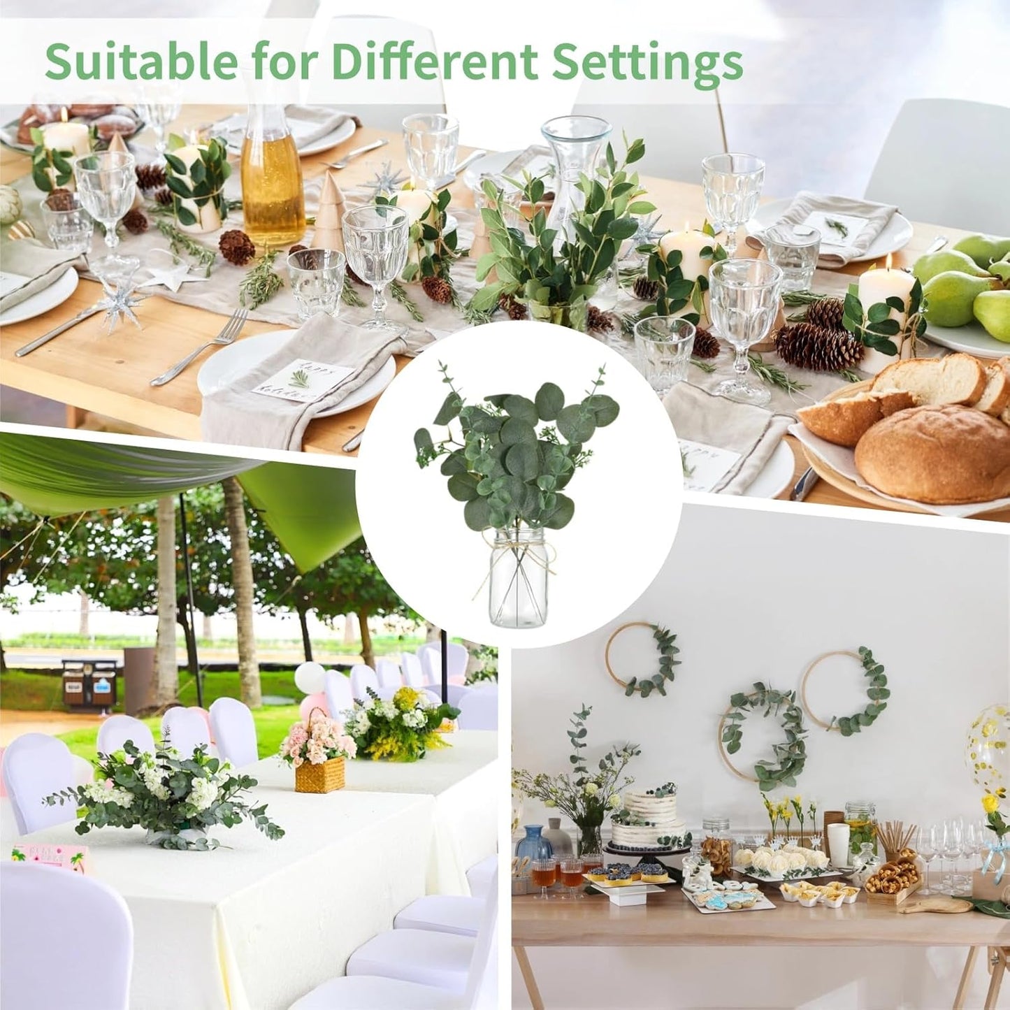 10 Set Mason Jar Centerpieces for Tables Centerpiece with Eucalyptus Breath, Clear Glass Mason Jar Vases with Rope, Wedding Table Centerpieces Bridal Shower Engagement Reception Rustic Farmhouse Decor