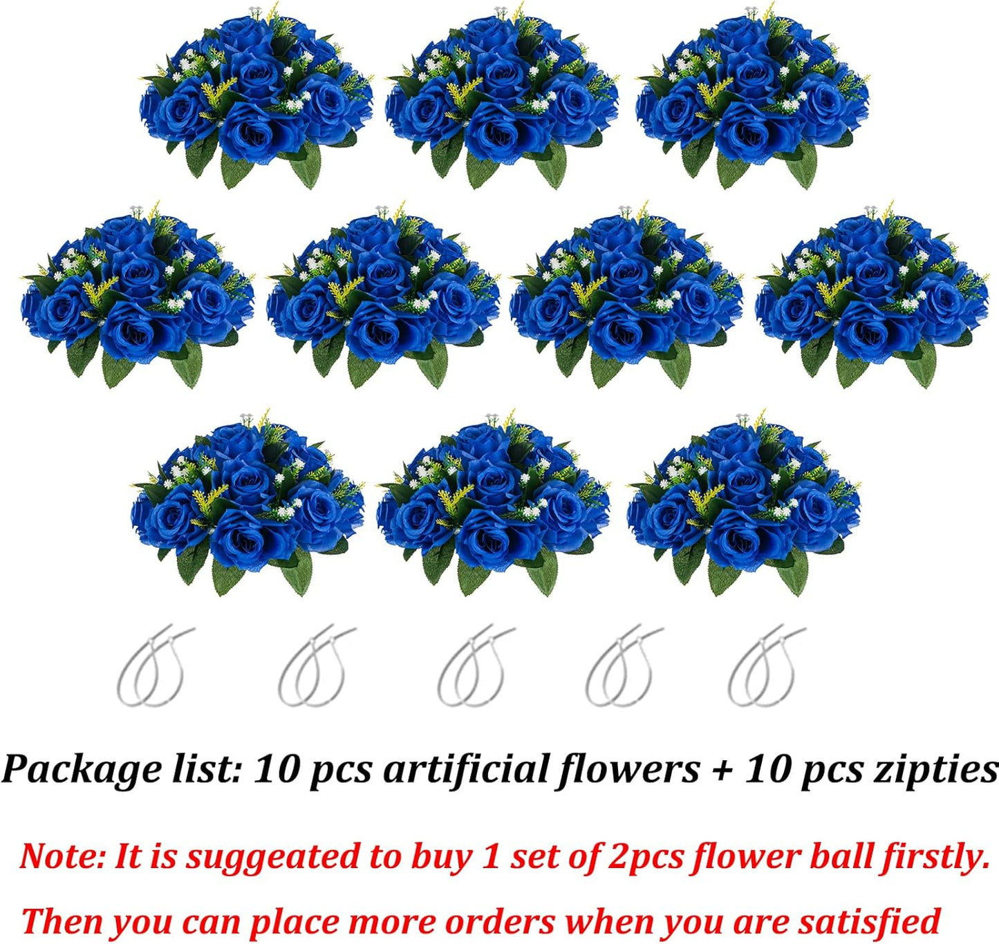 BLOSMON Royal Blue Flowers for Decoration: 10 Pcs Fake Roses Kissing Balls for Wedding Table Centerpieces - Artificial Floral Arrangements Home Baby Shower Birthday Party DIY Decor