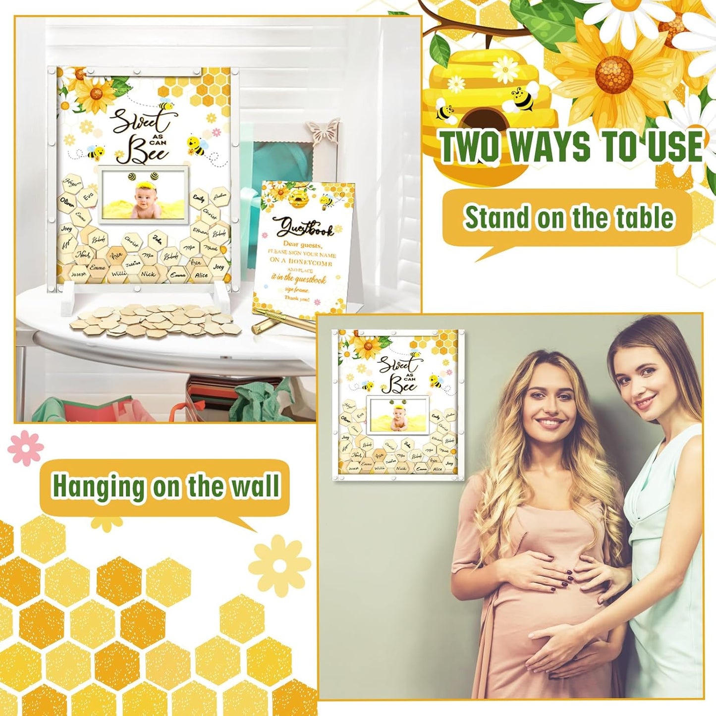 65 Pcs Baby Shower Guest Book Alternatives He or She Gender Reveal Baby Shower Decorations Sign in Guest Book with Picture Frame and 60 Wooden Chip Sweet as Can Bee Decorations