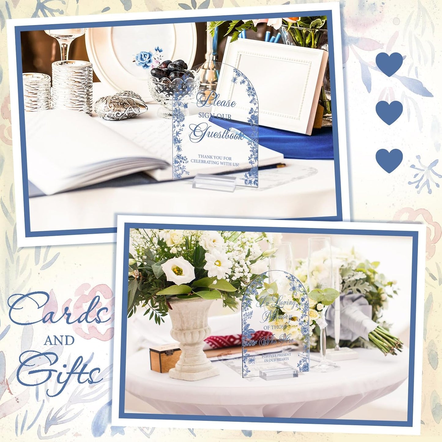 4 Pcs Flower Acrylic Wedding Signs for Ceremony and Reception Guest Book Wedding Cards and Gifts Sign Please Take One Couple Loving Memory table Decor(Blue Flower)