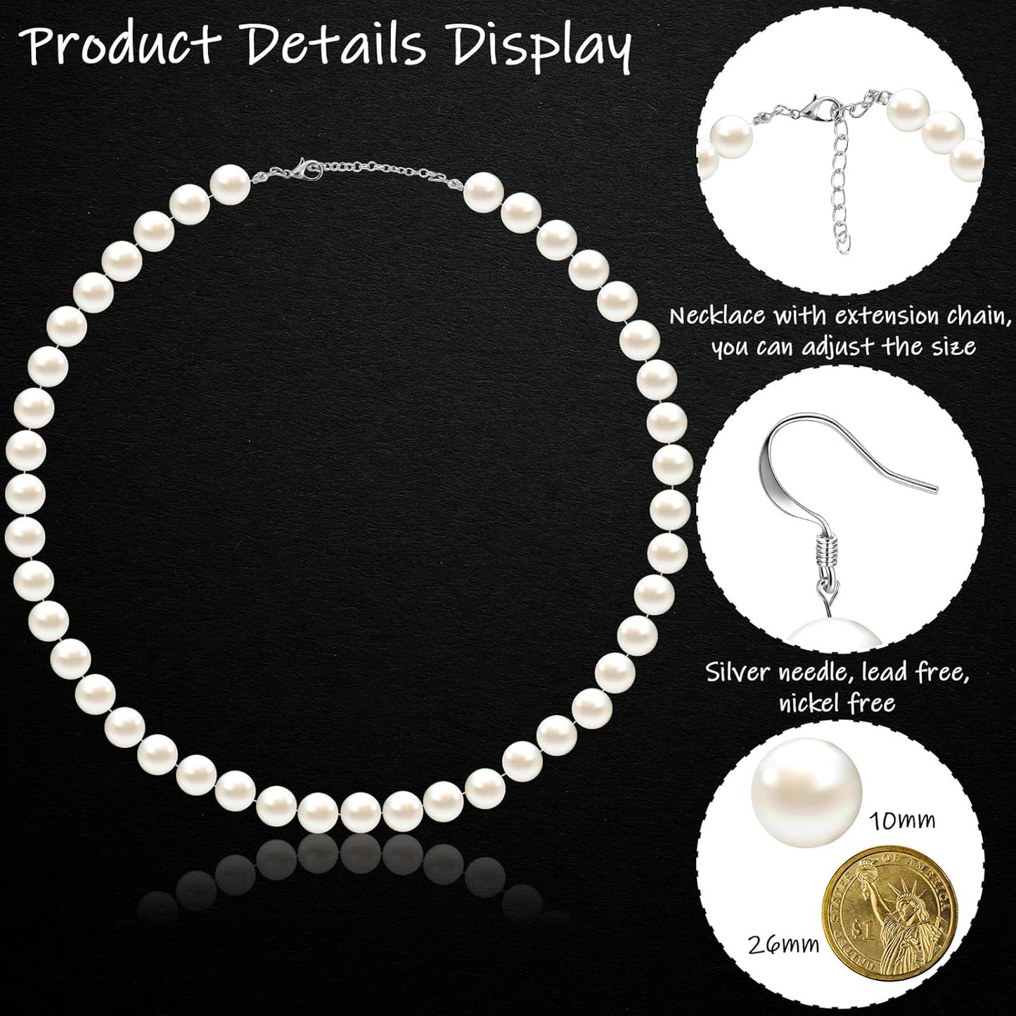 4 Pcs 1920s Faux Pearl Costume Jewelry Set for Women Halloween Simulated Necklace Bracelet Earrings for Wedding
