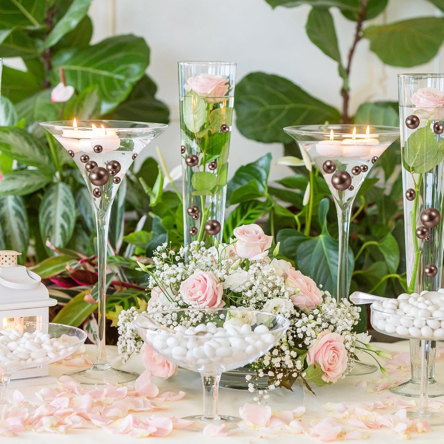 100PCS Brown Faux Pearls Beads for Centerpiece Vases, Vase Filler Faux Pearls, No Holes Filler Beads for Party Anniversary Birthday Wedding Table Decor, 14/20/30mm