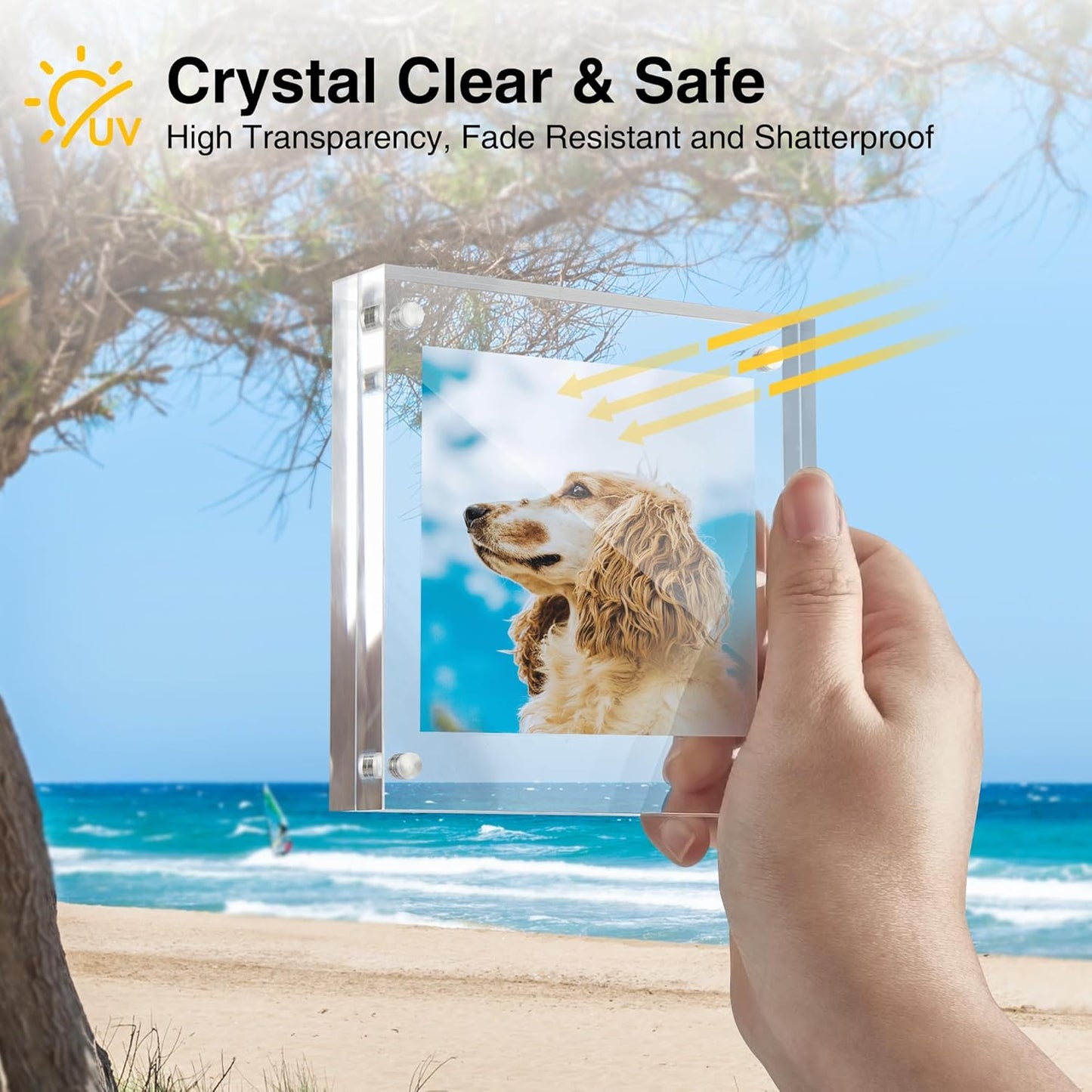 HOUSE DAY Acrylic Picture Frames 4x4, 2 Pack Magnetic 4 x 4 Picture Frame, Double Sided Clear 4x 4 Photo Frame with Microfiber Cloth, Frameless FreeStanding 4x4 Frame Gift for Desktop Display