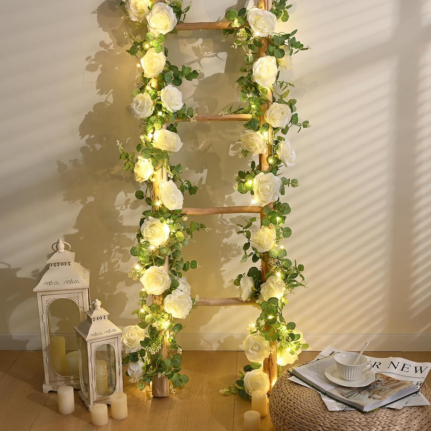 Dolicer 2Pcs 13Ft Artificial Eucalyptus Garlands with Flowers - 8 Roses, Faux Floral Greenery Garlands with 13Ft String Lights Fake Flower Vines for Wedding Table Centerpieces Arch Party Decor (White)
