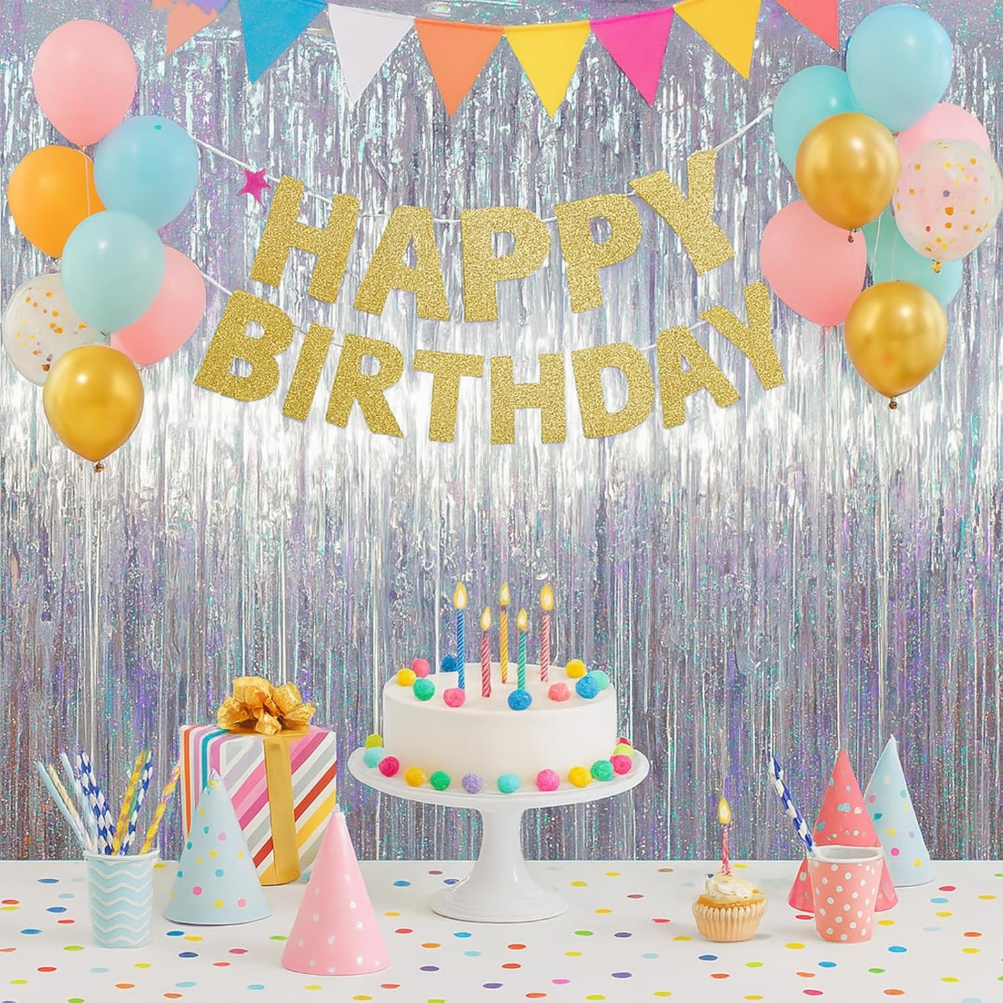 2 Pack Laser Silver Tinsel Foil Fringe Curtains, Silver Party Decorations, Metallic Tinsel Party Streamers Backdrop for New Years Birthday Halloween Wedding Party Decorations