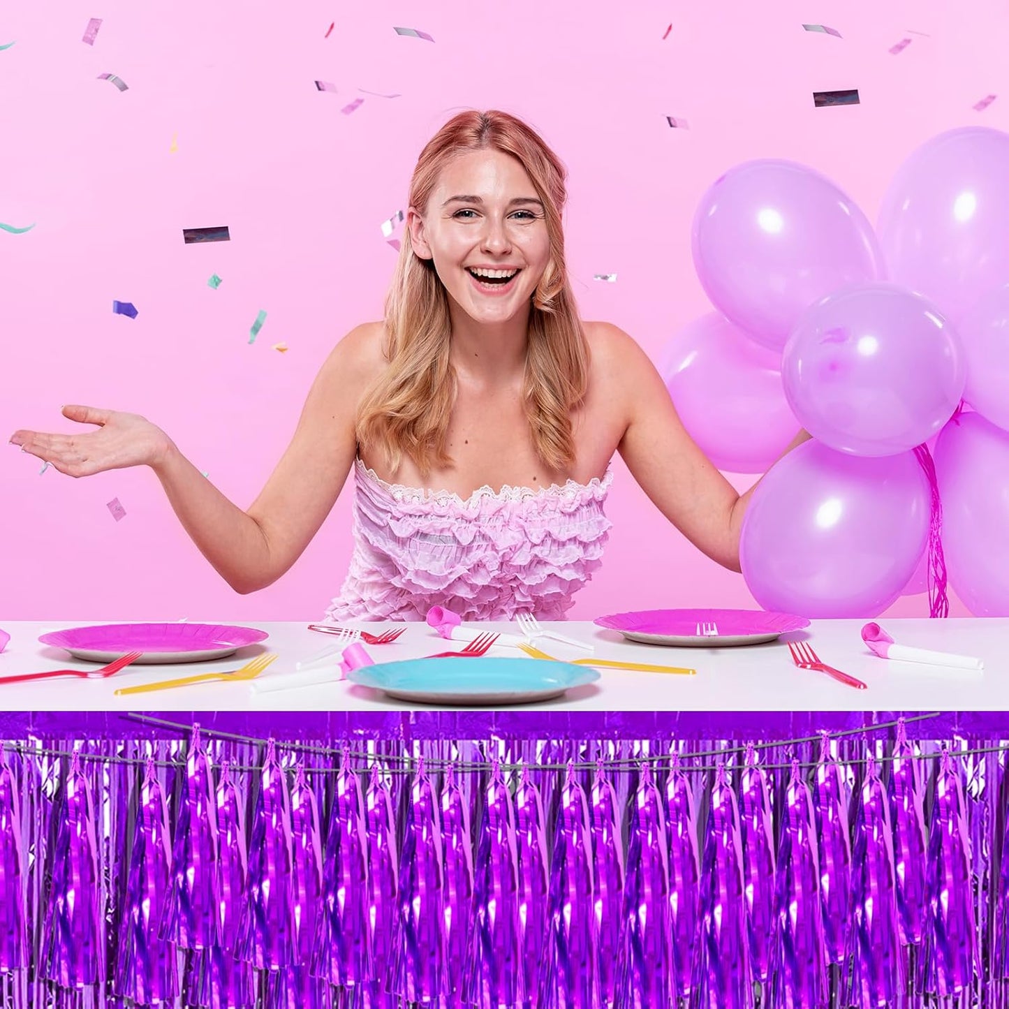 8P Purple Foil Fringe Metallic Tassel Streamers Banner Tassel Garland for Parade Floats, Bachelorette, Wedding, Birthday, Halloween, Christmas, Bridal/Baby Shower Party Decorations