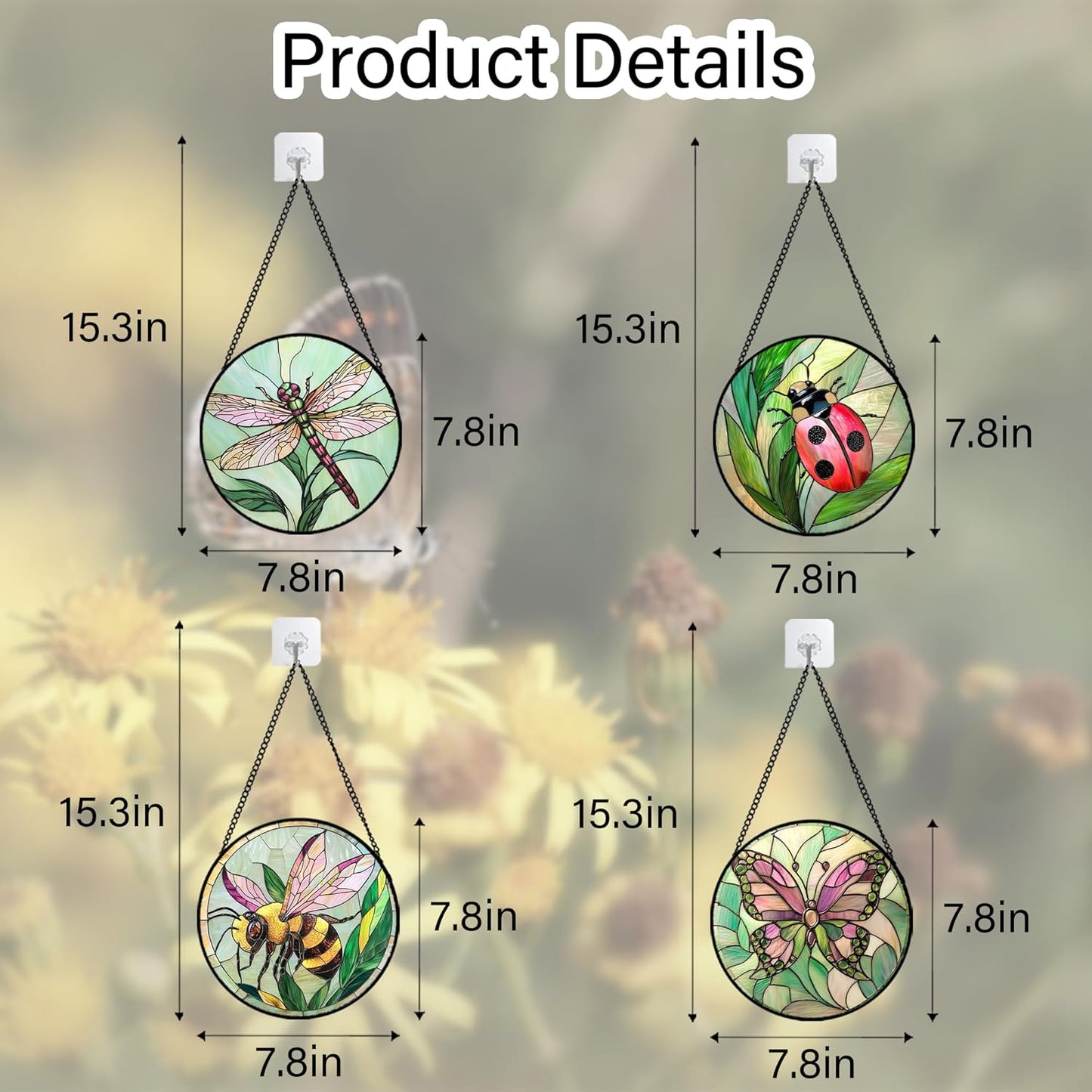 Stained Glass Window Hanging 4 Pcs Set Pink Green Insect Theme 7.8" - Butterfly Suncatcher Door Garden Sun Catcher Decor Birthday Christmas for Mom Woman Nana Men