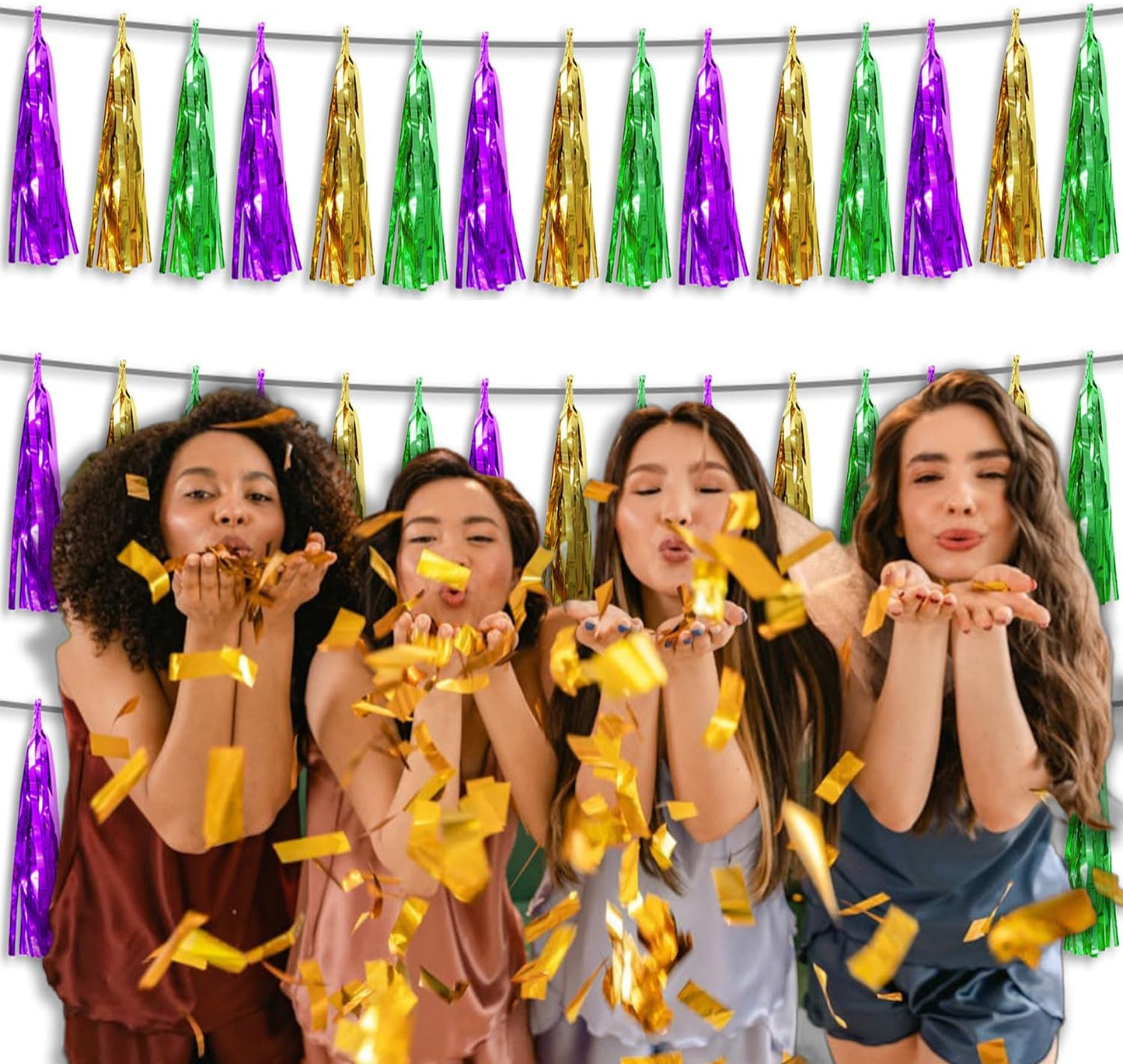 3P Metallic Fringe Tassel Banner Garland Foil Tinsel Streamer Wall Hanging Curtain Backdrop Banner for Parade Floats, Graduation, Carnival Mardi Gras Party Decorations(Gold Green Purple)