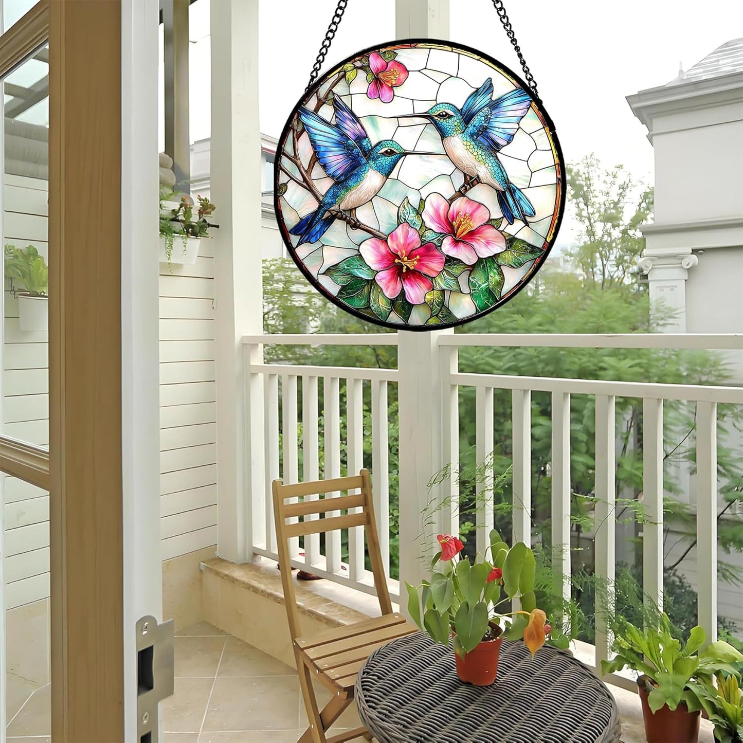 Stained Glass Window Hanging - Blue White Hummingbirds Pink Flowers Suncatcher for Door Terrace Garden Home Decor Bird Sun Catcher Birthday Gifts for Lovers Women Men Dad Mom Nana 11.8 in