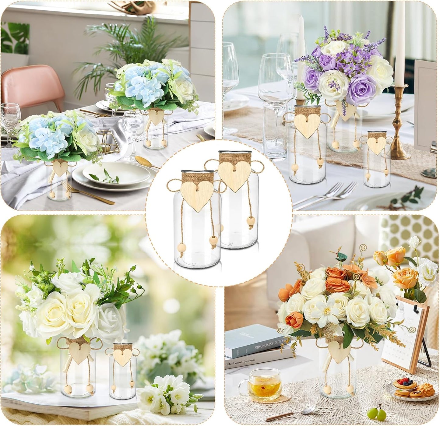 Vintage Glass Vases for Flowers, Set of 3 Mason Jar Vase Table Centerpieces for Farmhouse Room Decor, Wedding, Bridal Shower Bud Vase Set (Medium)