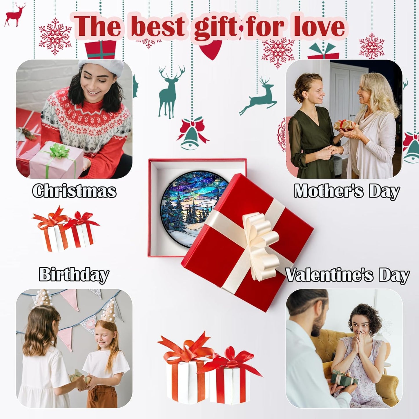 Stained Glass Window Hanging, Starry Sky Trees and Snow Sun Catchers Glass Panel Blue Suncatcher Decor for Birthday for Women, Men, Wife, Aunt, and Mom 6.3 in