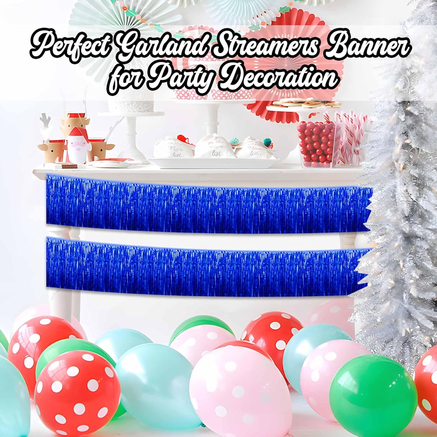 4 Pack 10 Ft Blue Foil Fringe Garland Metallic Streamers Tinsel Banner Wall Hanging Garland Backdrop for Parade Floats, Halloween, Christmas, Thanksgiving, New Year Party Decorations