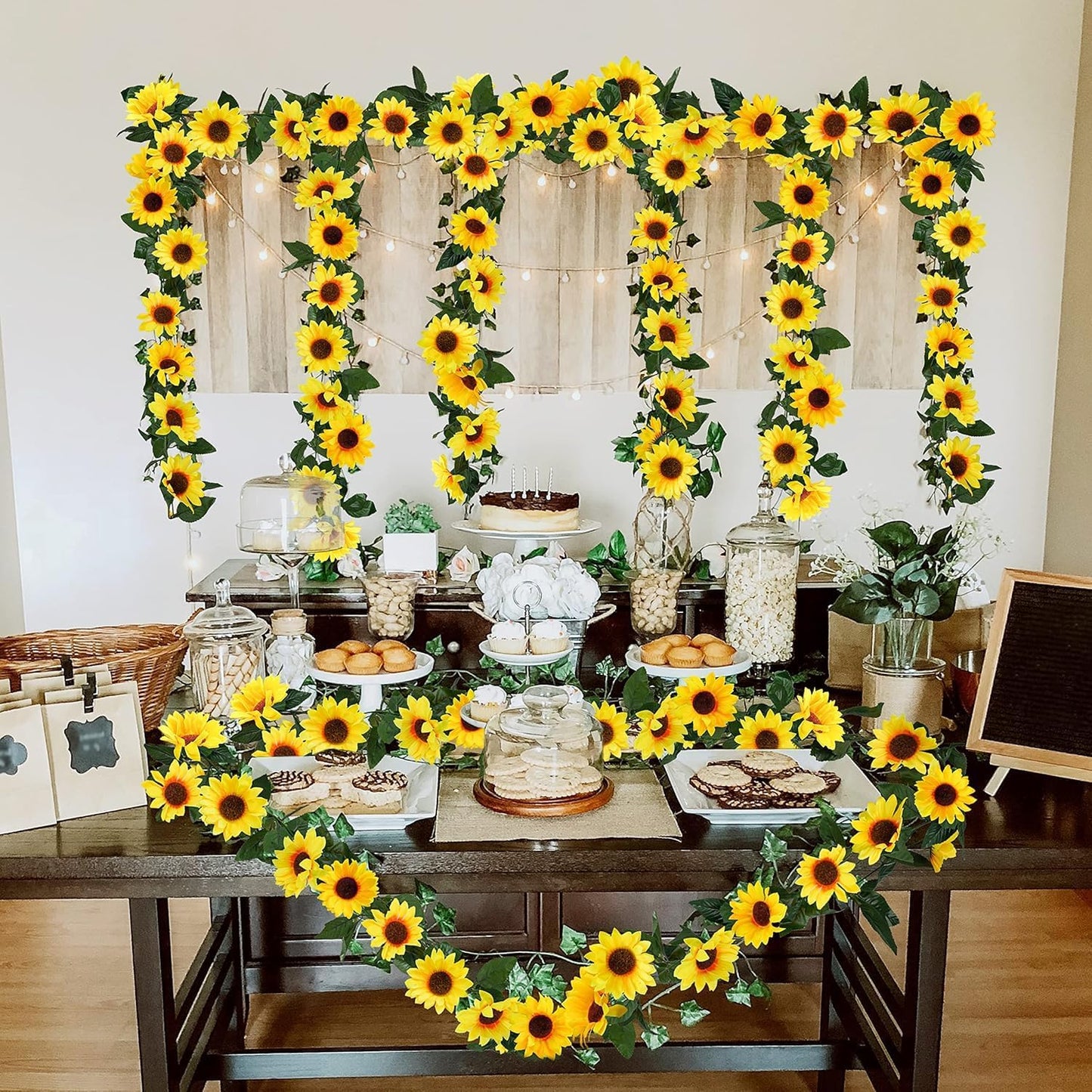 Uieke 12PCS Artificial Sunflower Garland, 7.5ft/Strand Silk Sunflowers Hanging Vines Flowers with Green Leaves for Room Kitchen Garden Birthday Wedding Baby Shower Party Table Decor Large