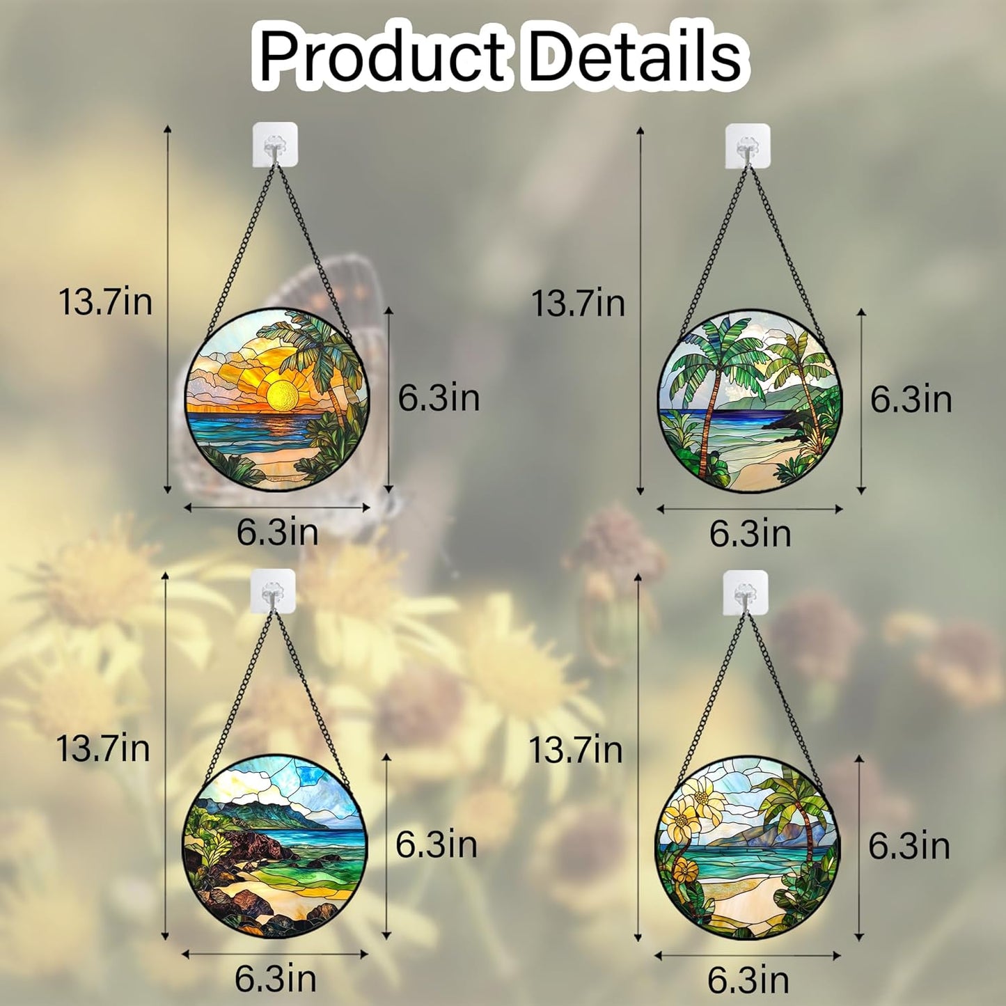 Stained Glass Window Hanging 4 Pcs Set Blue Ocean Coconut Tree Scenery 6.3" - Suncatcher Door Garden Sun Catcher Decor Birthday Christmas for Mom Woman Nana Men