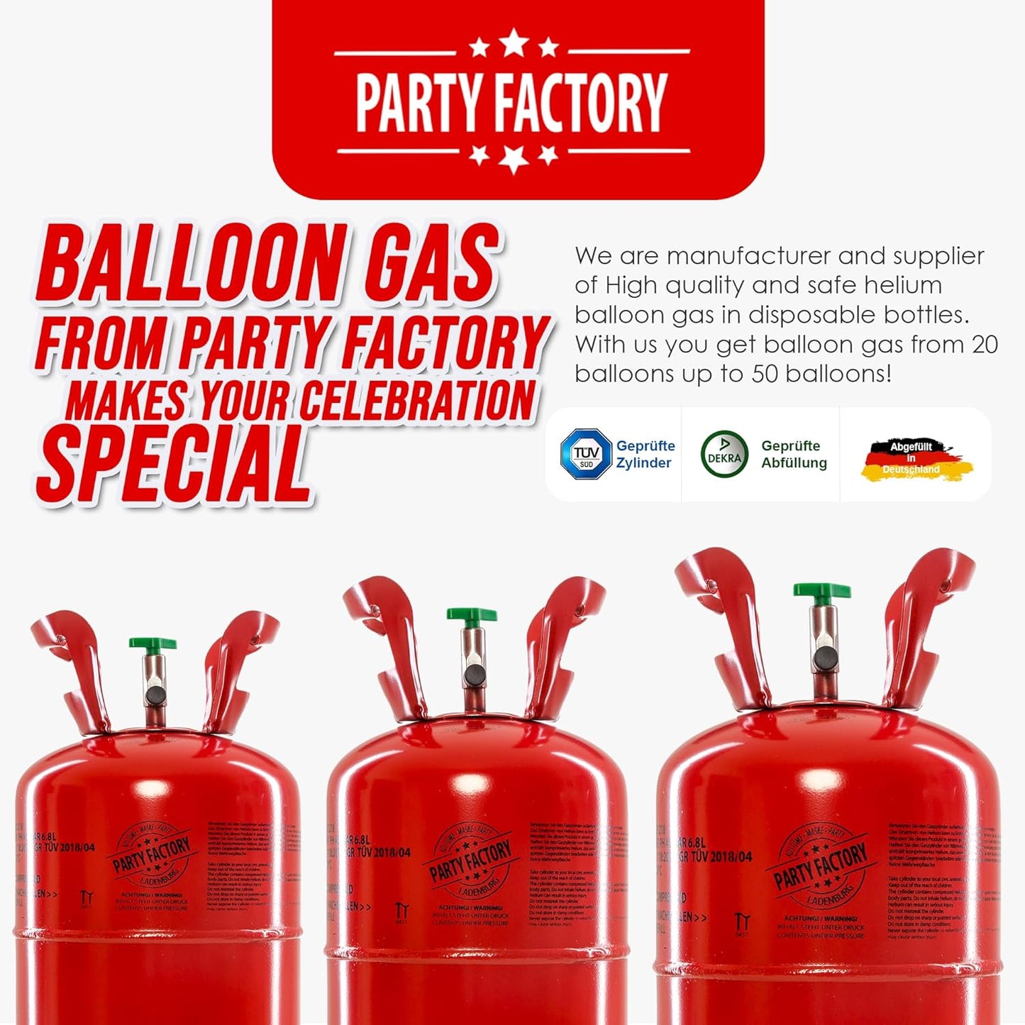 Party Factory set of 2 helium tanks for up to 50 balloons each, 2 helium cylinders with 14.1 cu. ft. gas each for party latex-, foil balloons