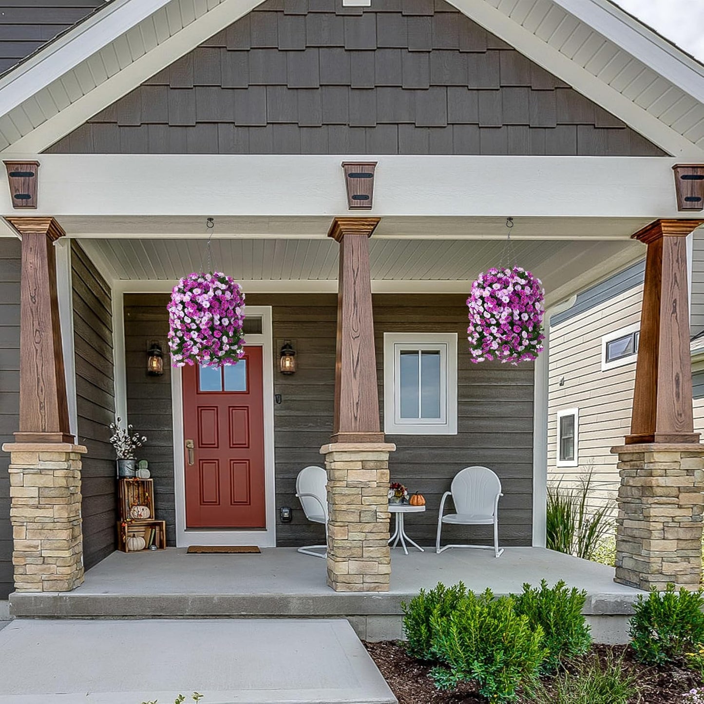 Artificial Fake Hanging Flowers Basket for Outdoor Indoor Decoration,UV Resistant Faux Silk Light Fuchsia and Fuchsia Morning Glory Flowers Plants Realistic Hanging Planter for Outside Home Porch Yard