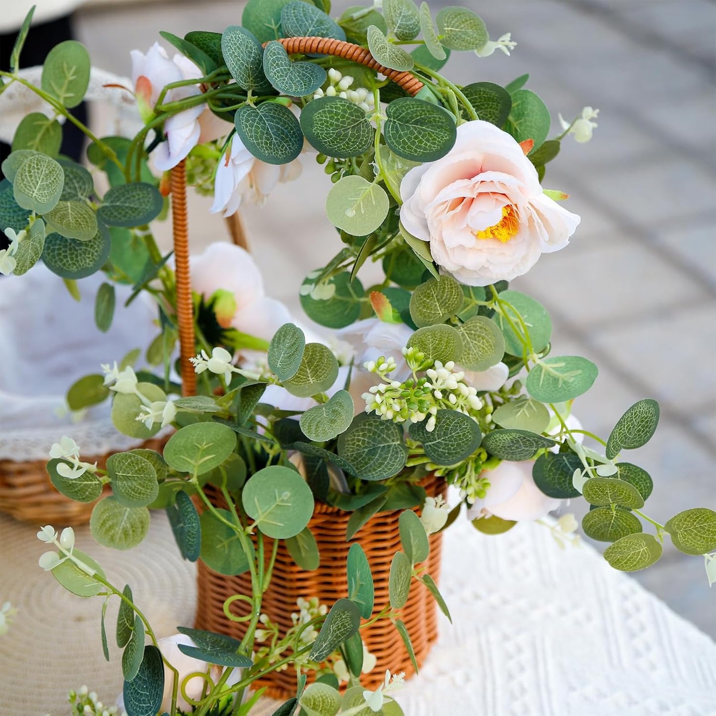 2Pcs Total 13 feet Eucalyptus Flower Garland with Fake Rose Flower, Artificial Fake Flowers Greenery Garland Floral Vines for Decoration Party Wedding Table Indoor Outdoor Backdrop Wall Decor(Pink)