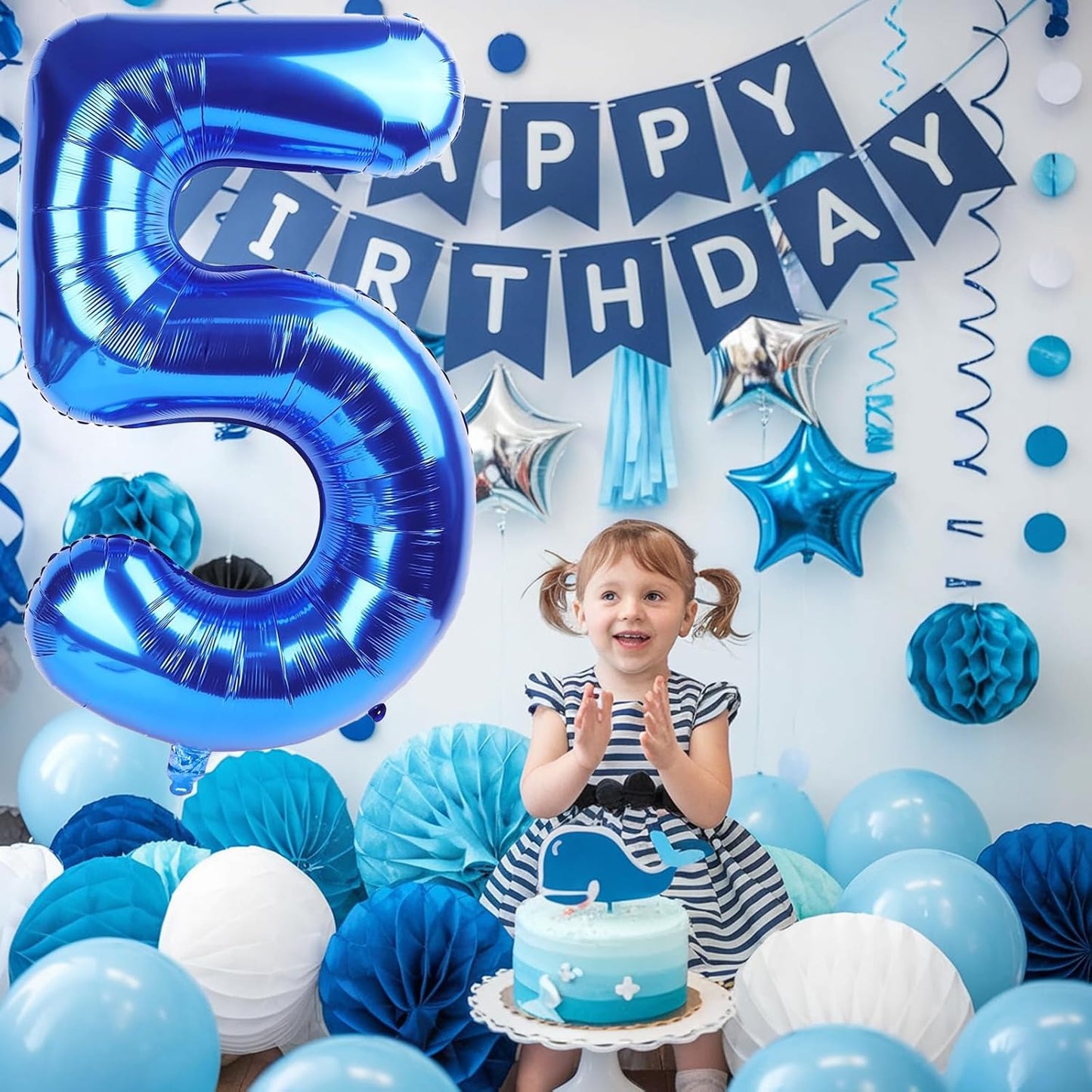 Navy Blue Balloon Number 5, 40 Inch Large Self Inflating Foil Mylar Number Balloons 0-9 for Boys Women, Dark Royal Blue Digital 5 Helium Balloon for Men 5th Birthday Decorations Graduation 2025 Party