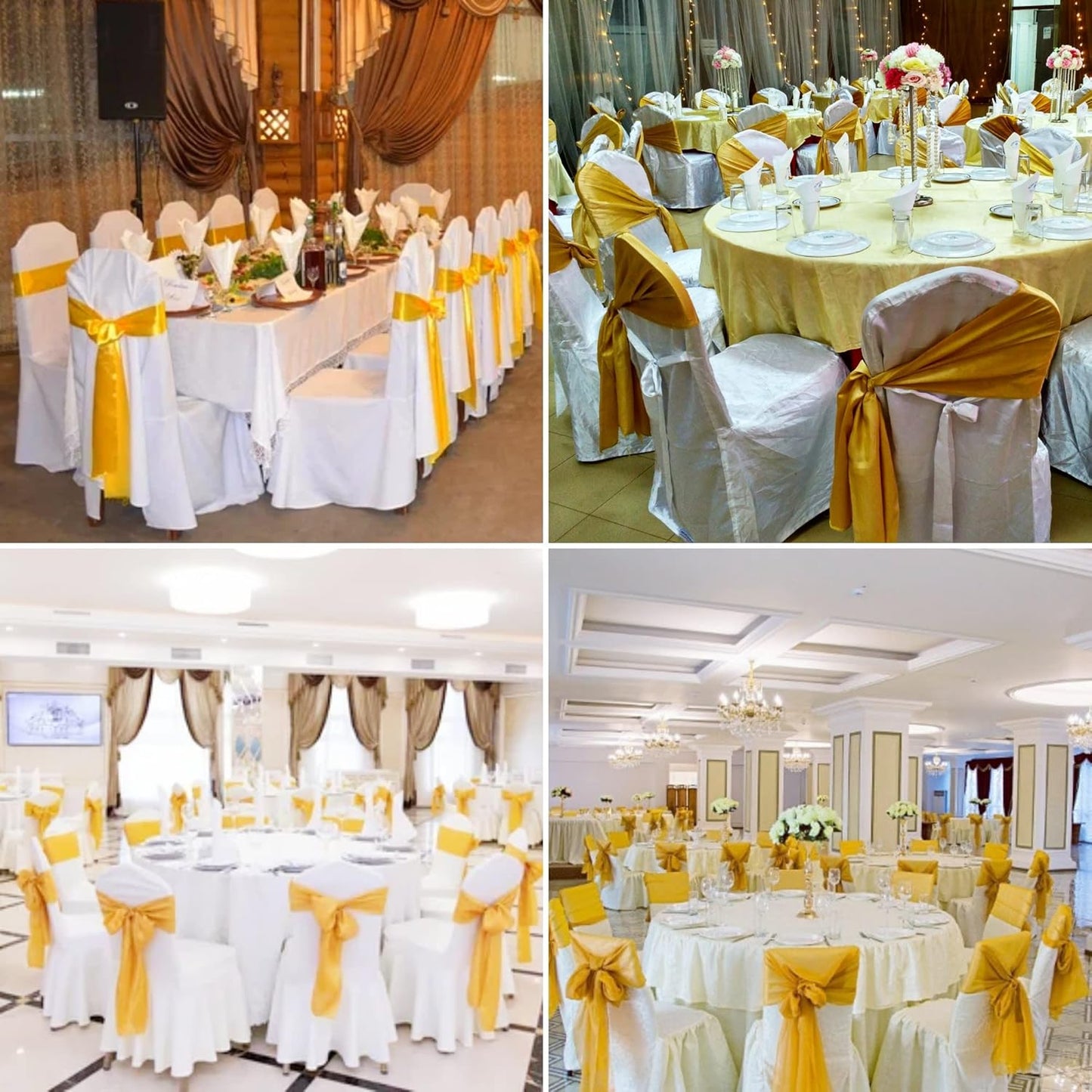 50 PCS Satin Chair Sashes Bows Decorative Universal Chair Cover Chair Ribbon Ties Back Sash for Wedding Party Ceremony Reception Hotel Events Banquet Restaurant Home Kitchen Decor(7 x 108 inch,Gold)