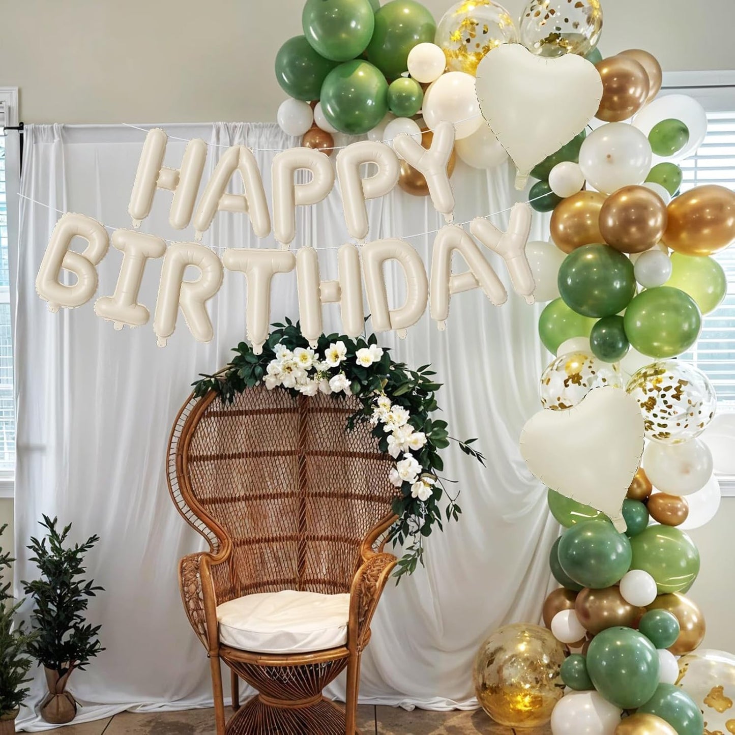Happy Birthday Balloon Banner Cream Green, 16 Inch Beige Mylar Letters Heart Foil Balloons Sage Olive Green Ivory Metallic Gold Balloons Boho Neutral Birthday Decorations for Girls Women Boy Men