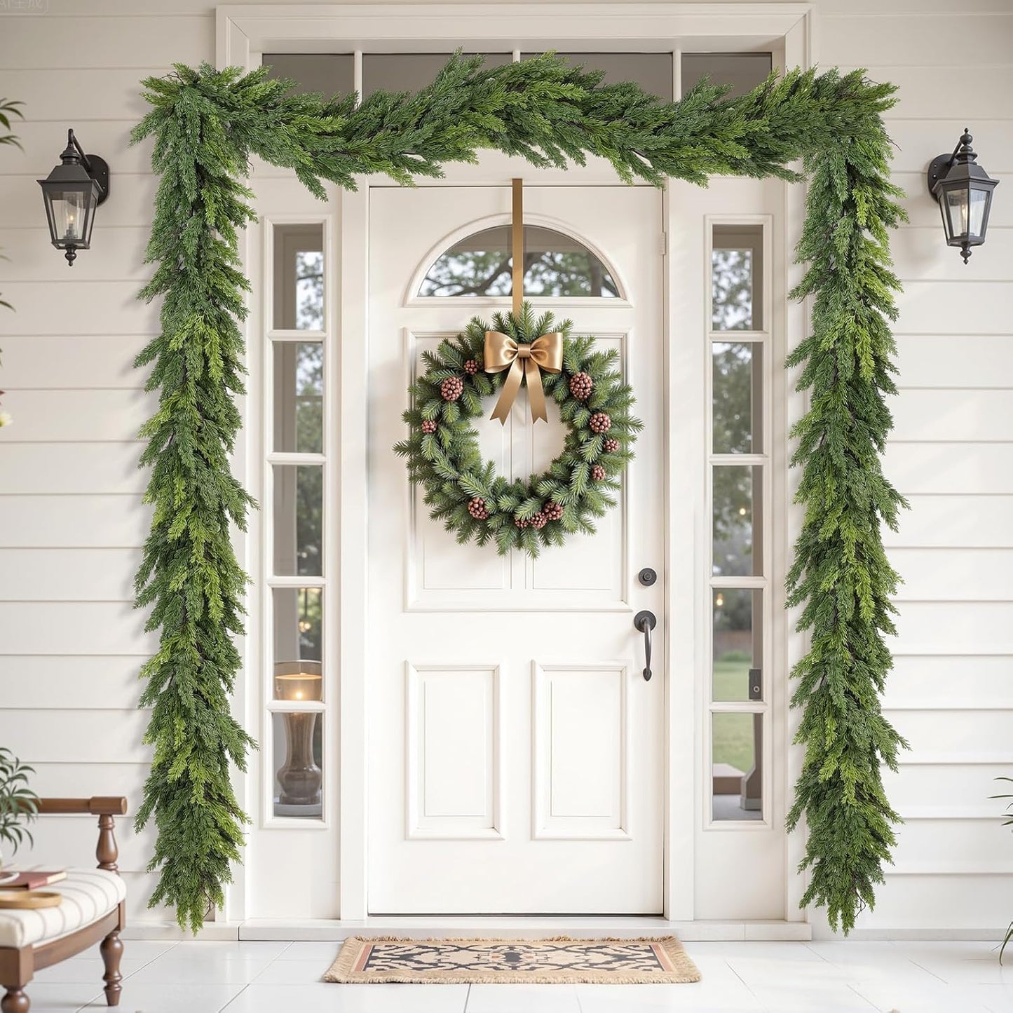 12FT Artificial Christmas Garland, Real Touch Greenery Cypress Pine Garland for Mantle Table Railing Fireplace Indoor & Outdoor Christmas Decoration