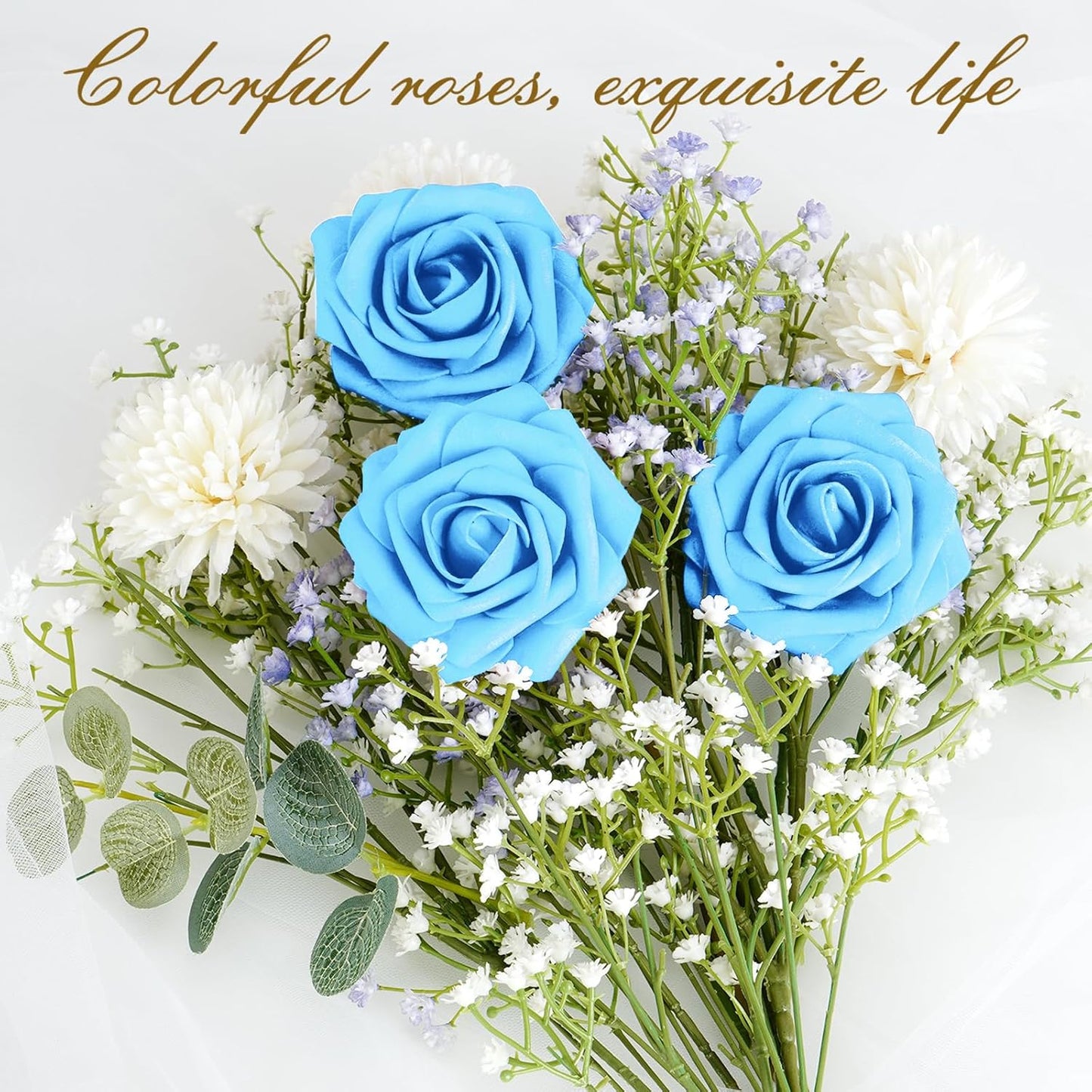 BLEUM CADE 36Pcs Artificial Flowers Fake Roses with Stems, Sky Blue Boxed Foam Roses for DIY Bouquets Centerpieces Wedding Party Arrangement Bridal Shower Decor