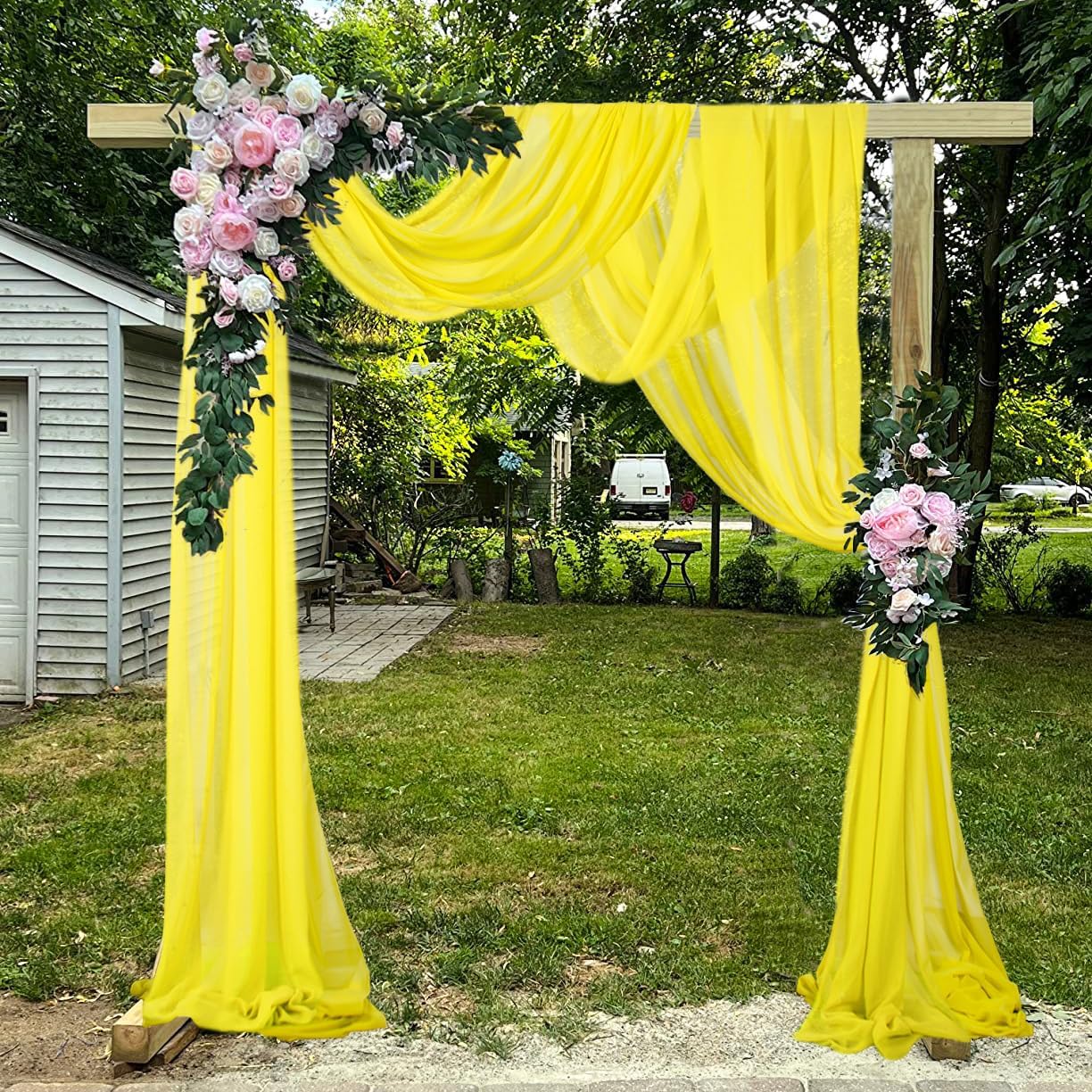 Wedding Arch Draping Fabric Yellow 20Ft 2 Panles Chiffon Drapes for Arch Wedding Ceremony Reception Swag Decorations Wedding Arch Reception Ceiling Fabric