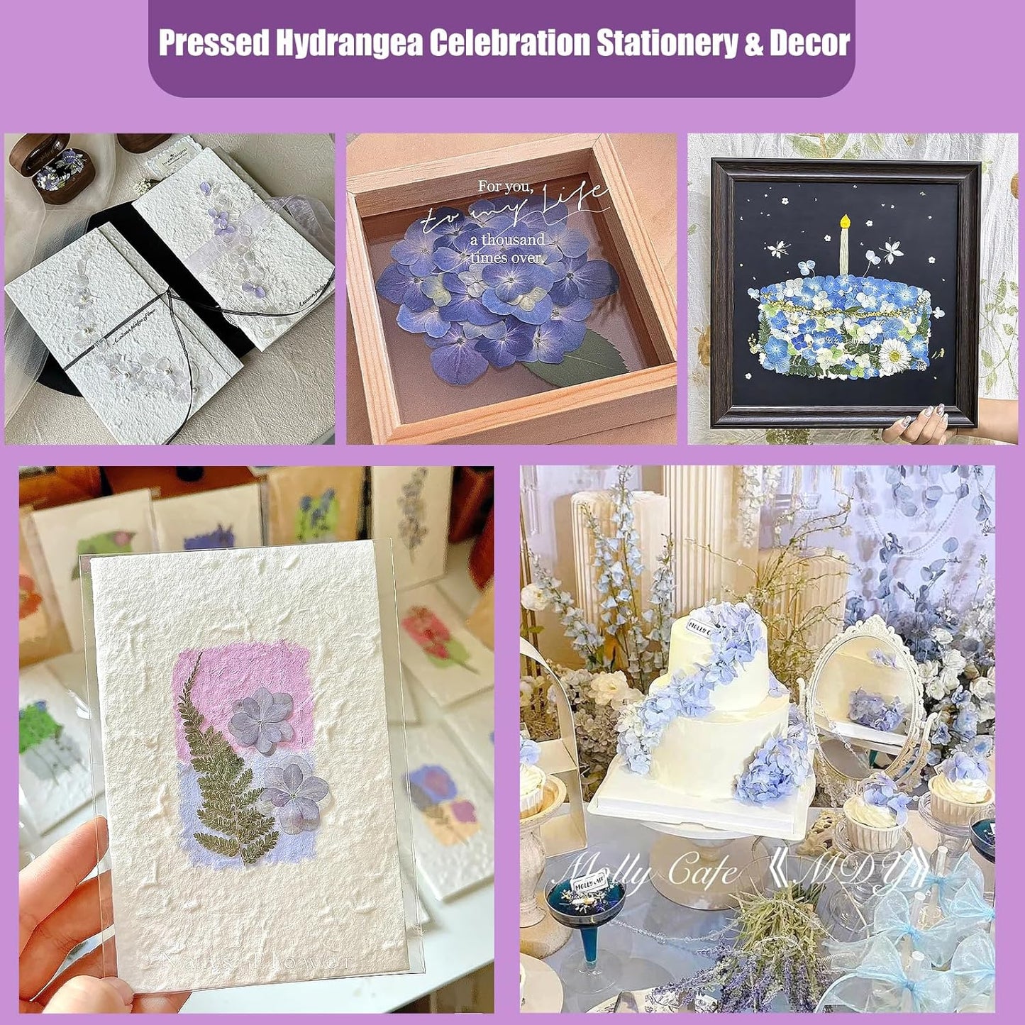 LUXEEASE 140 Pcs Dried Pressed Hydrangea Flowers for Crafts, Real Natural Blooms in Blue, Pink & White Tones with Foliage Accents, Perfect for Resin Art, DIY Jewelry & Home Decor – Tweezers Included